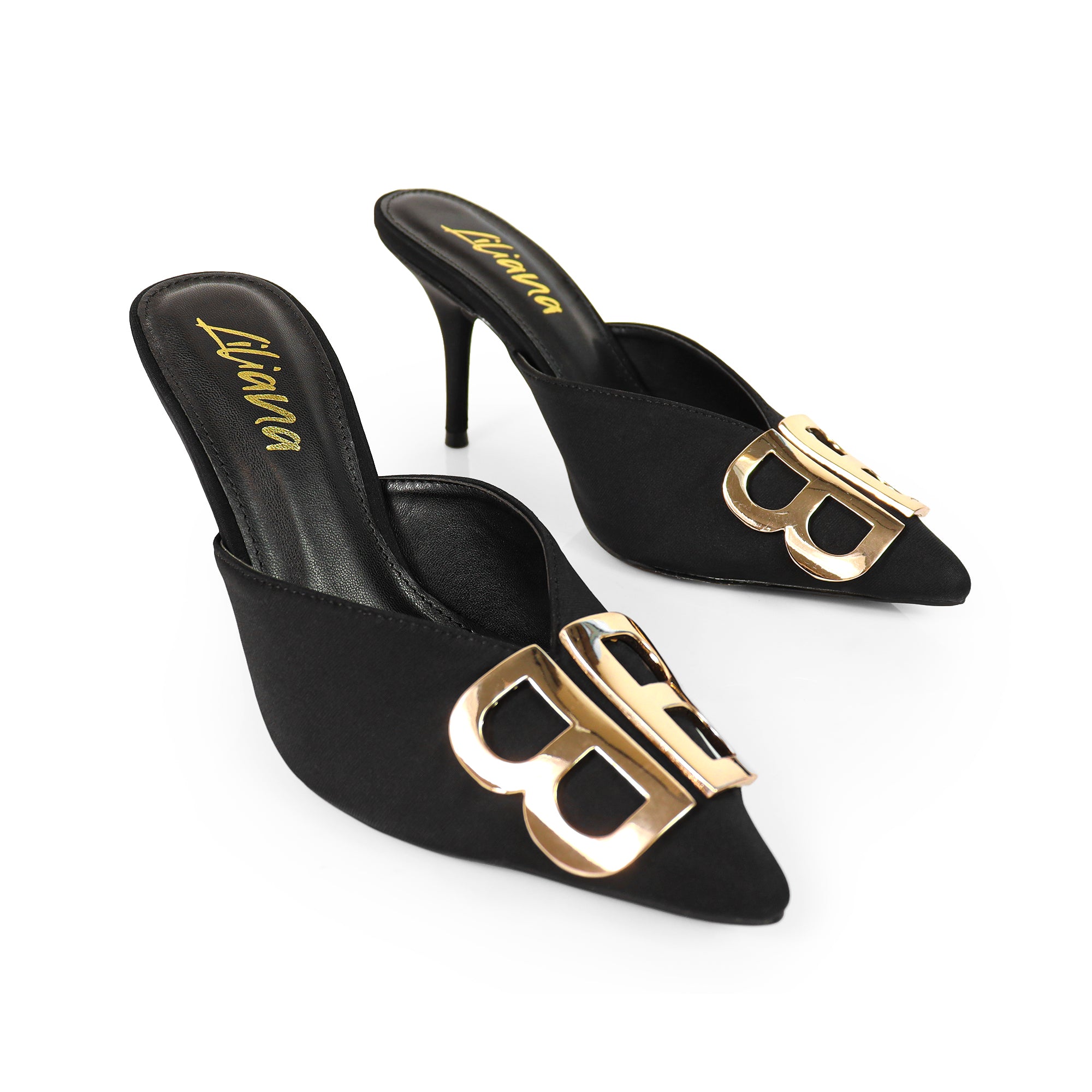 GWEN-1 POINTED TOE STAIN MULES W/ HIGH HEELS BLACK