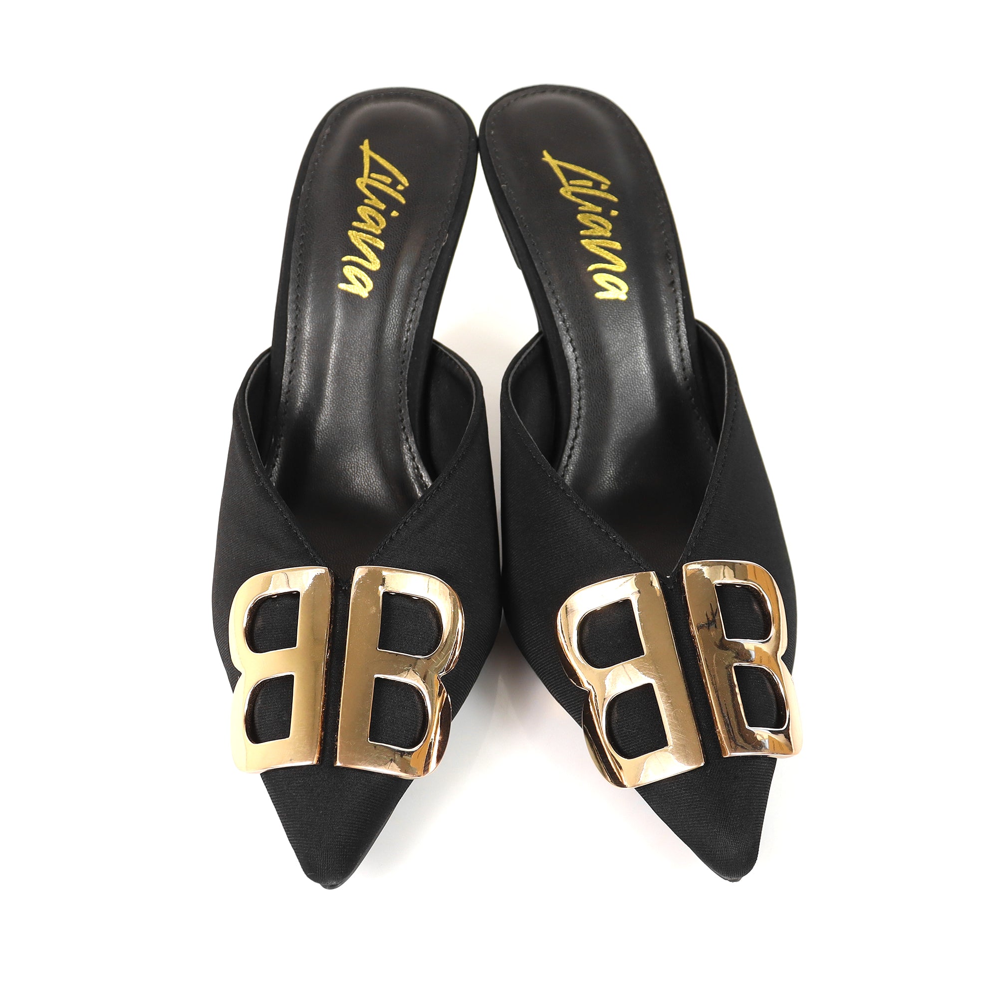 GWEN-1 POINTED TOE STAIN MULES W/ HIGH HEELS BLACK
