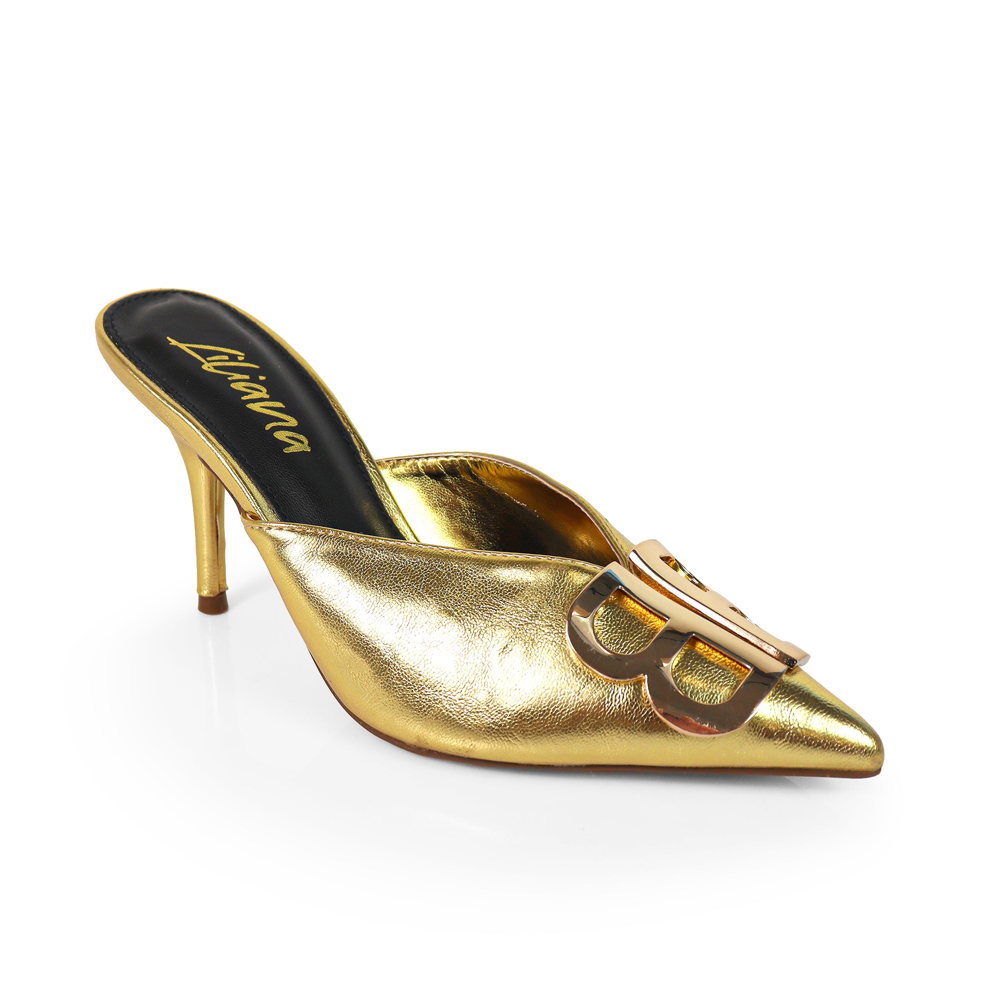 GWEN-1 POINTED TOE STAIN MULES W/ HIGH HEELS GOLD