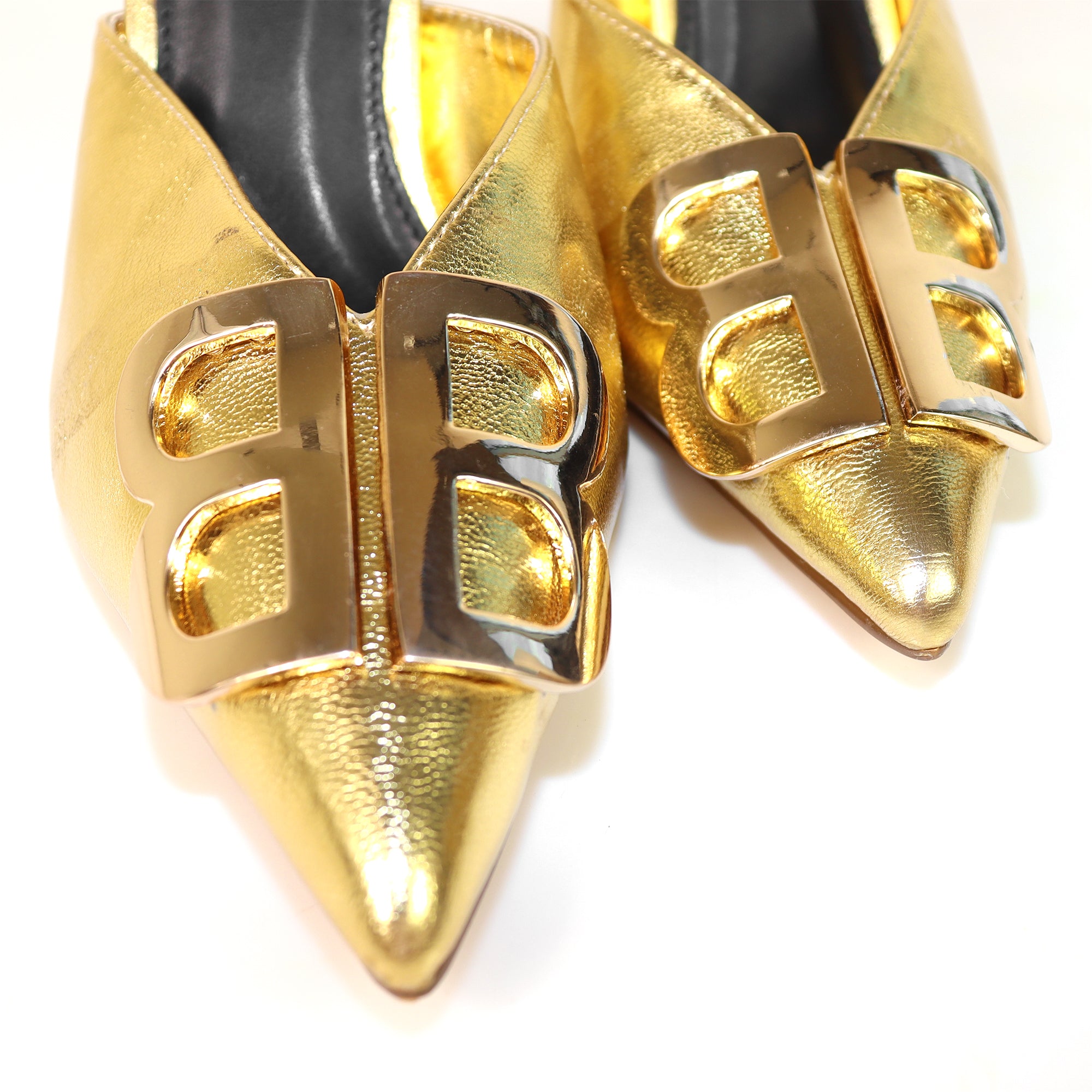 GWEN-1 POINTED TOE STAIN MULES W/ HIGH HEELS GOLD