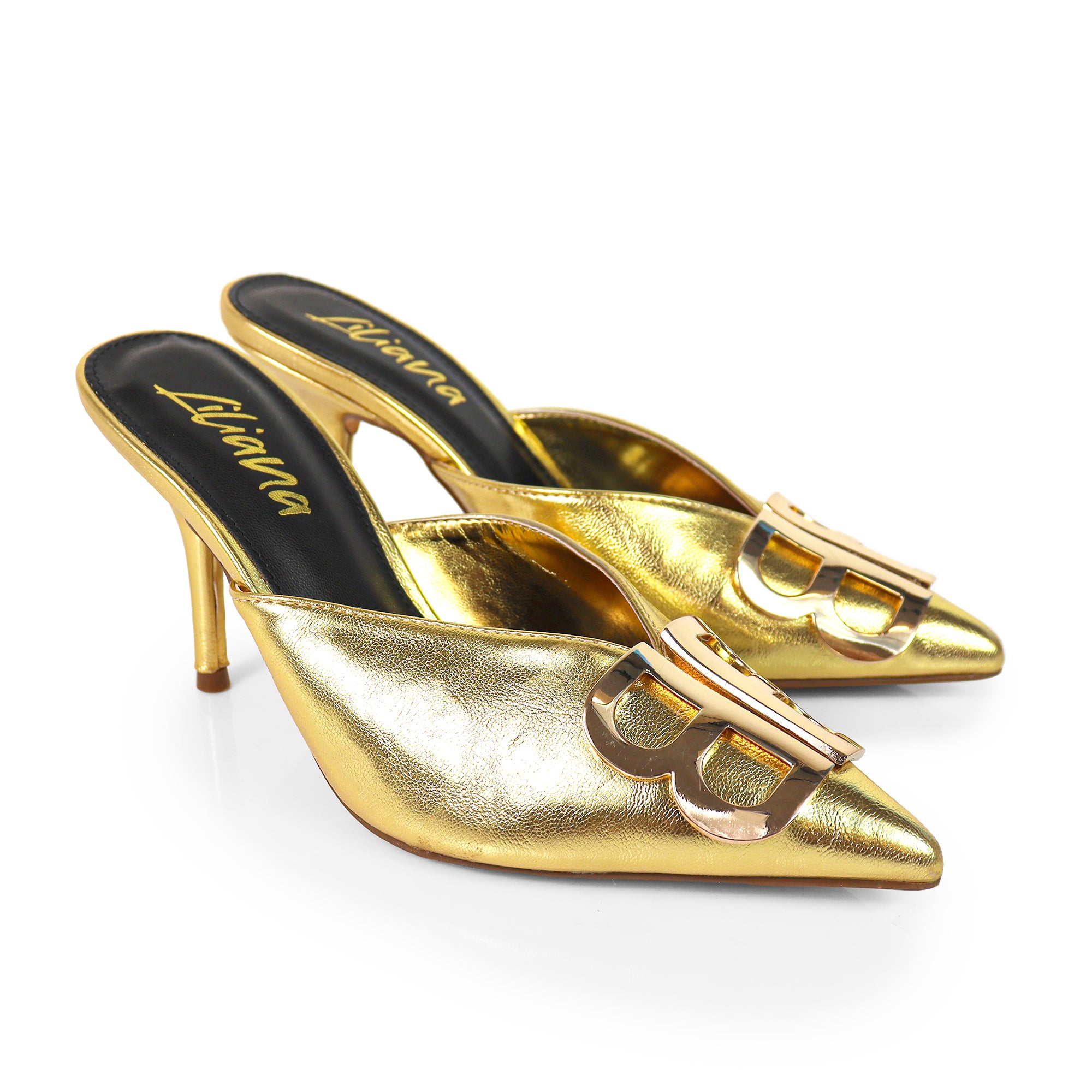 GWEN-1 POINTED TOE STAIN MULES W/ HIGH HEELS GOLD
