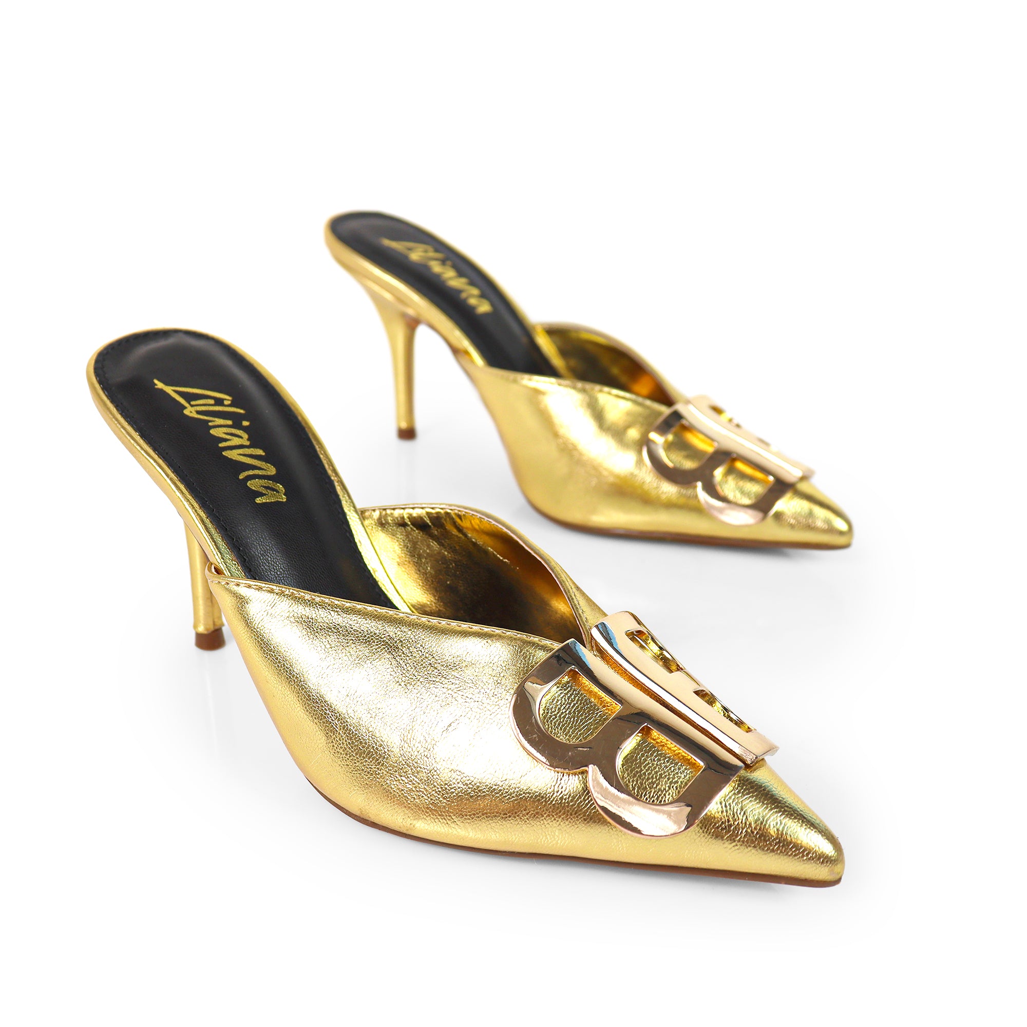 GWEN-1 POINTED TOE STAIN MULES W/ HIGH HEELS GOLD
