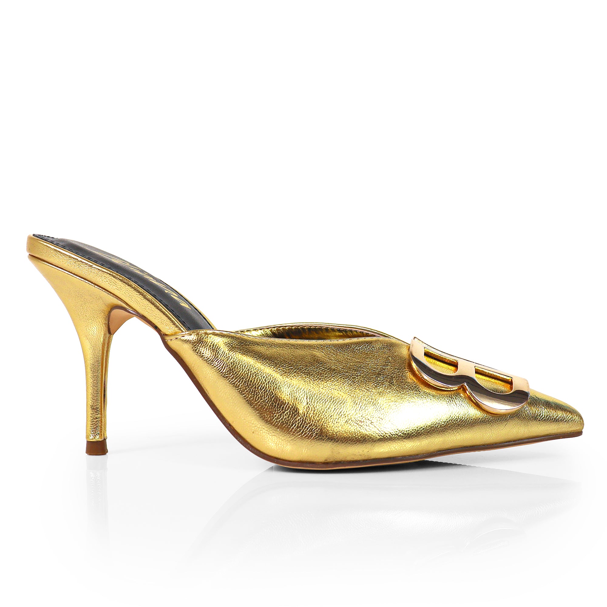 GWEN-1 POINTED TOE STAIN MULES W/ HIGH HEELS GOLD