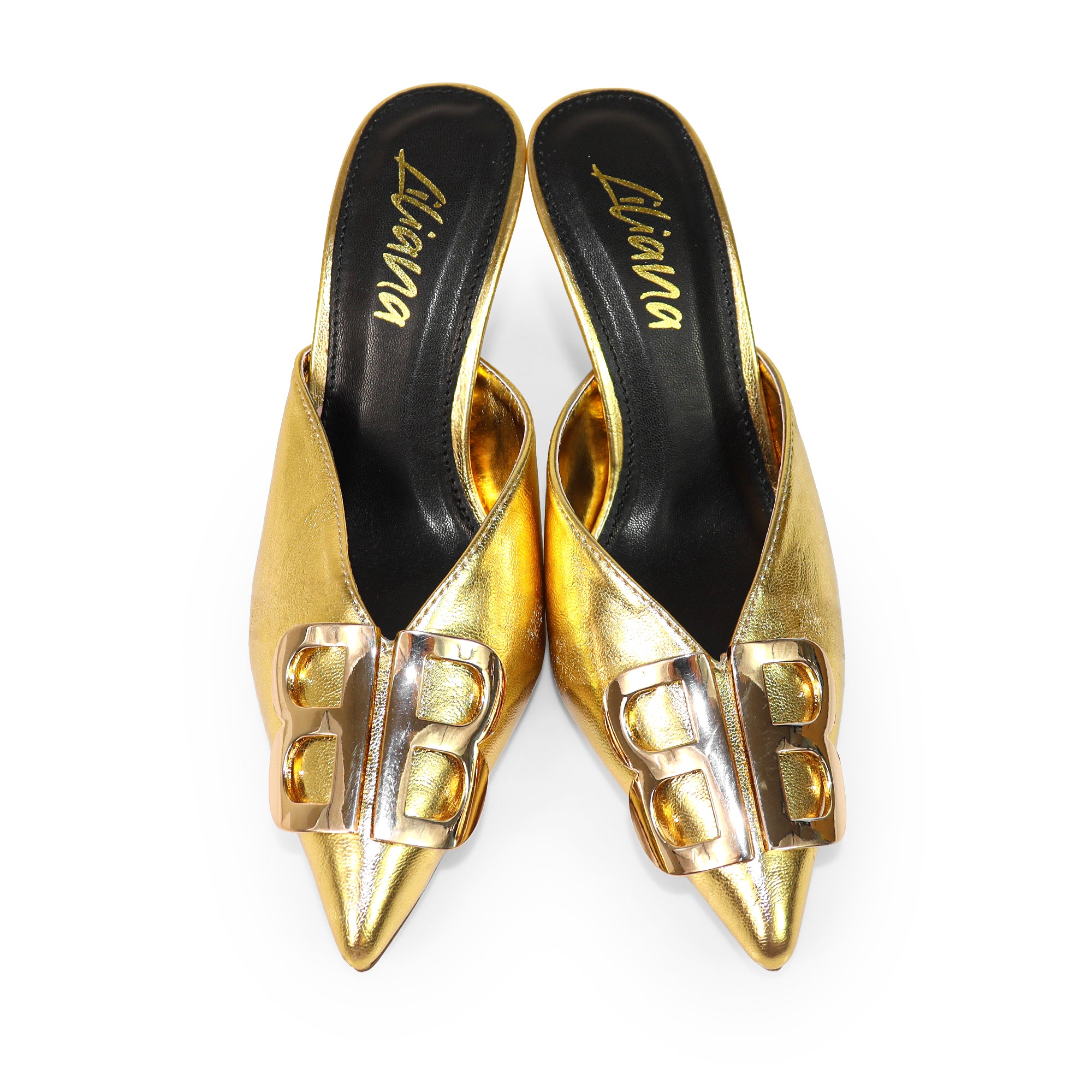 GWEN-1 POINTED TOE STAIN MULES W/ HIGH HEELS GOLD