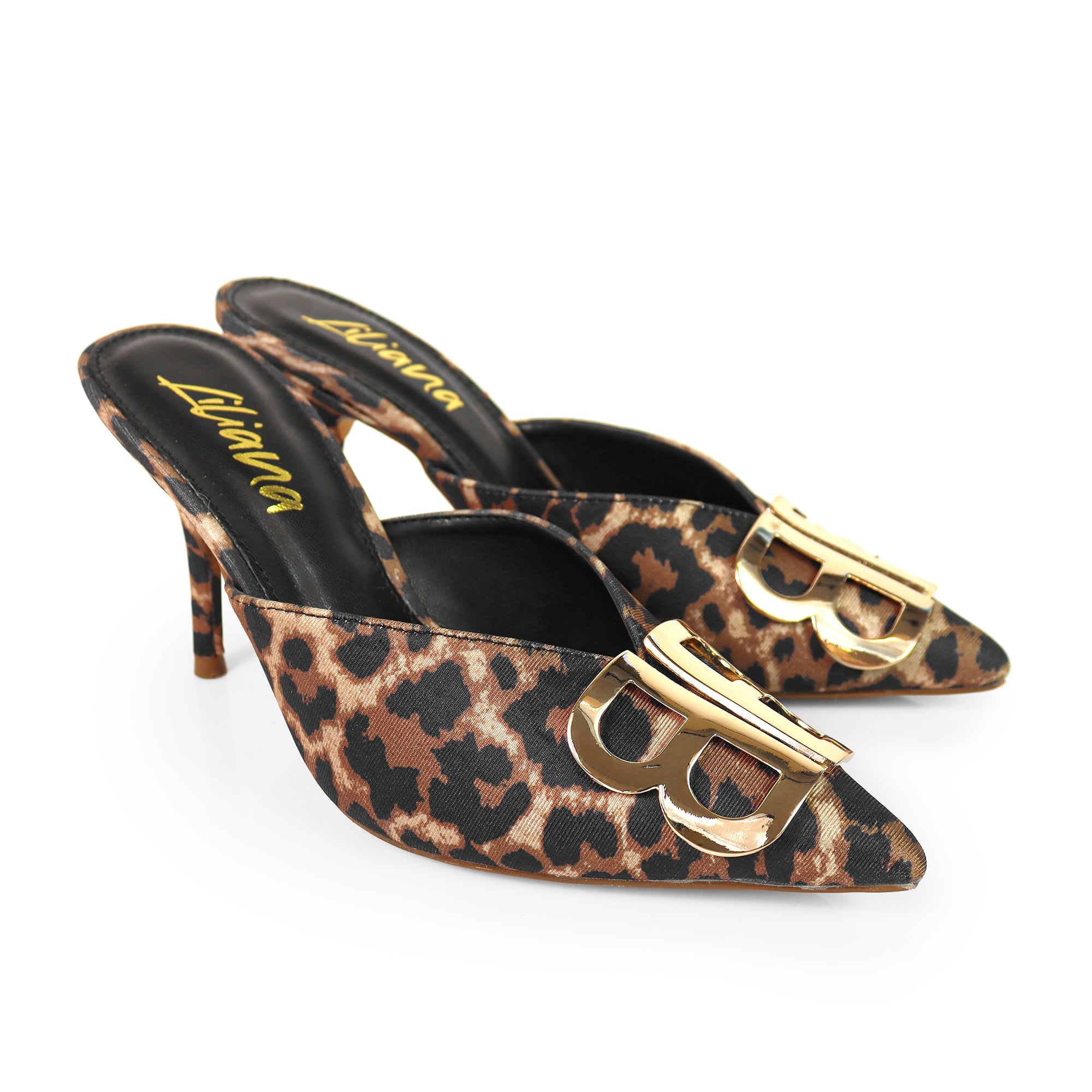 GWEN-1 POINTED TOE STAIN MULES W/ HIGH HEELS LEOPARD
