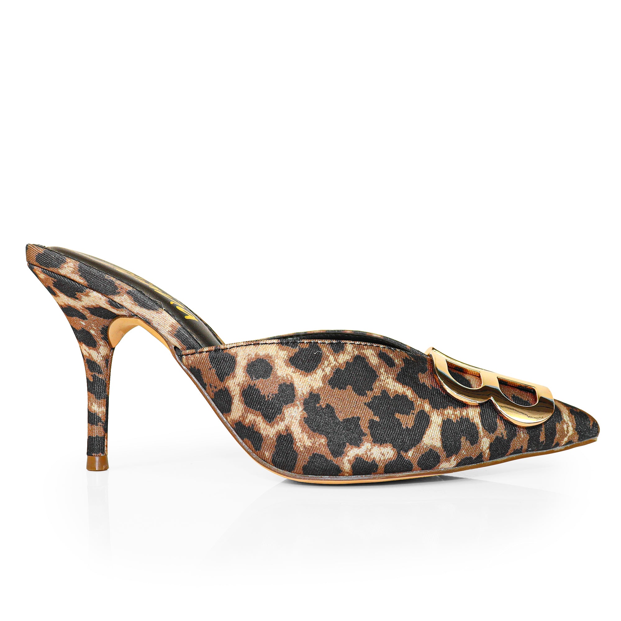 GWEN-1 POINTED TOE STAIN MULES W/ HIGH HEELS LEOPARD