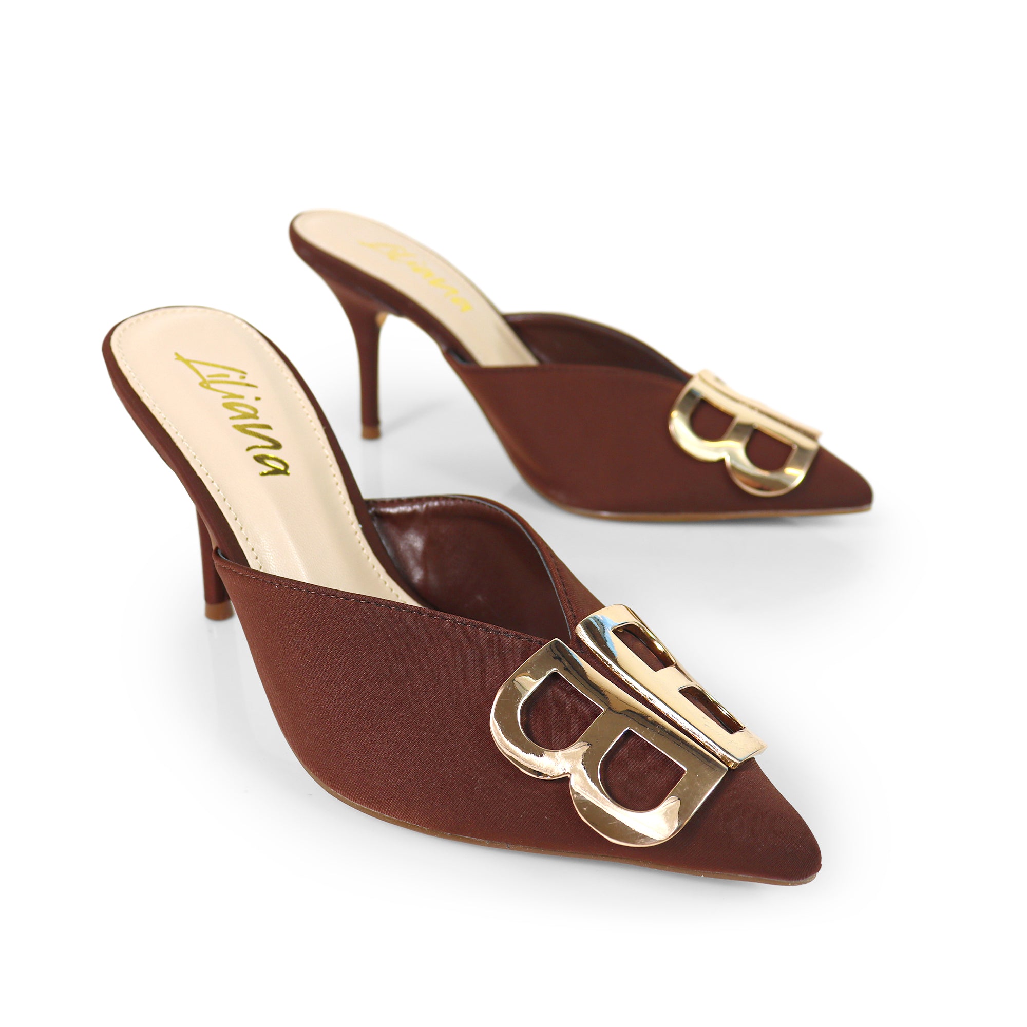 GWEN-1 POINTED TOE STAIN MULES W/ HIGH HEELS MOCHA