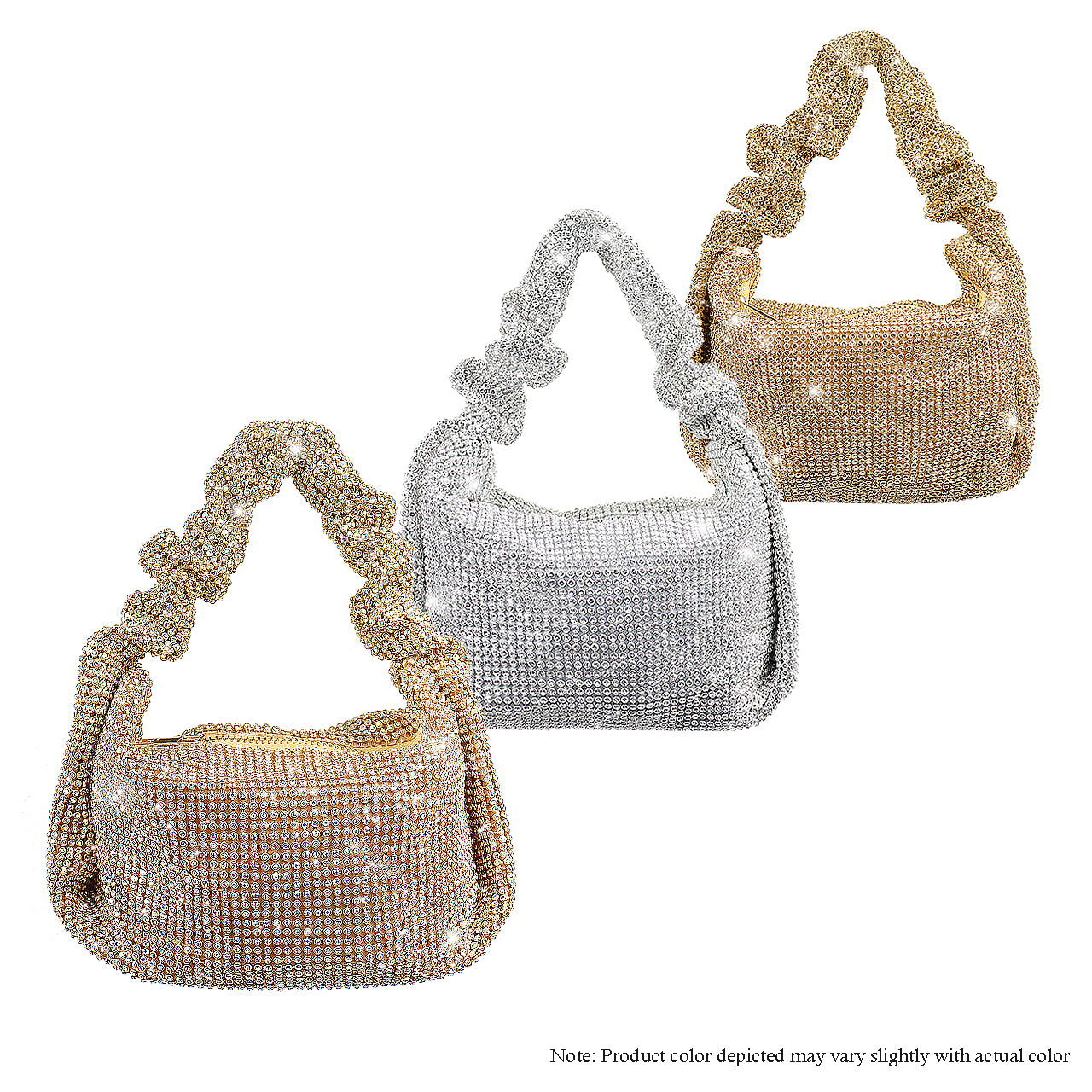 H-MONROE  ALL RHINESTONE SLOUCH BAG W/ SCRUNCH HANDLE BAG- GOLD