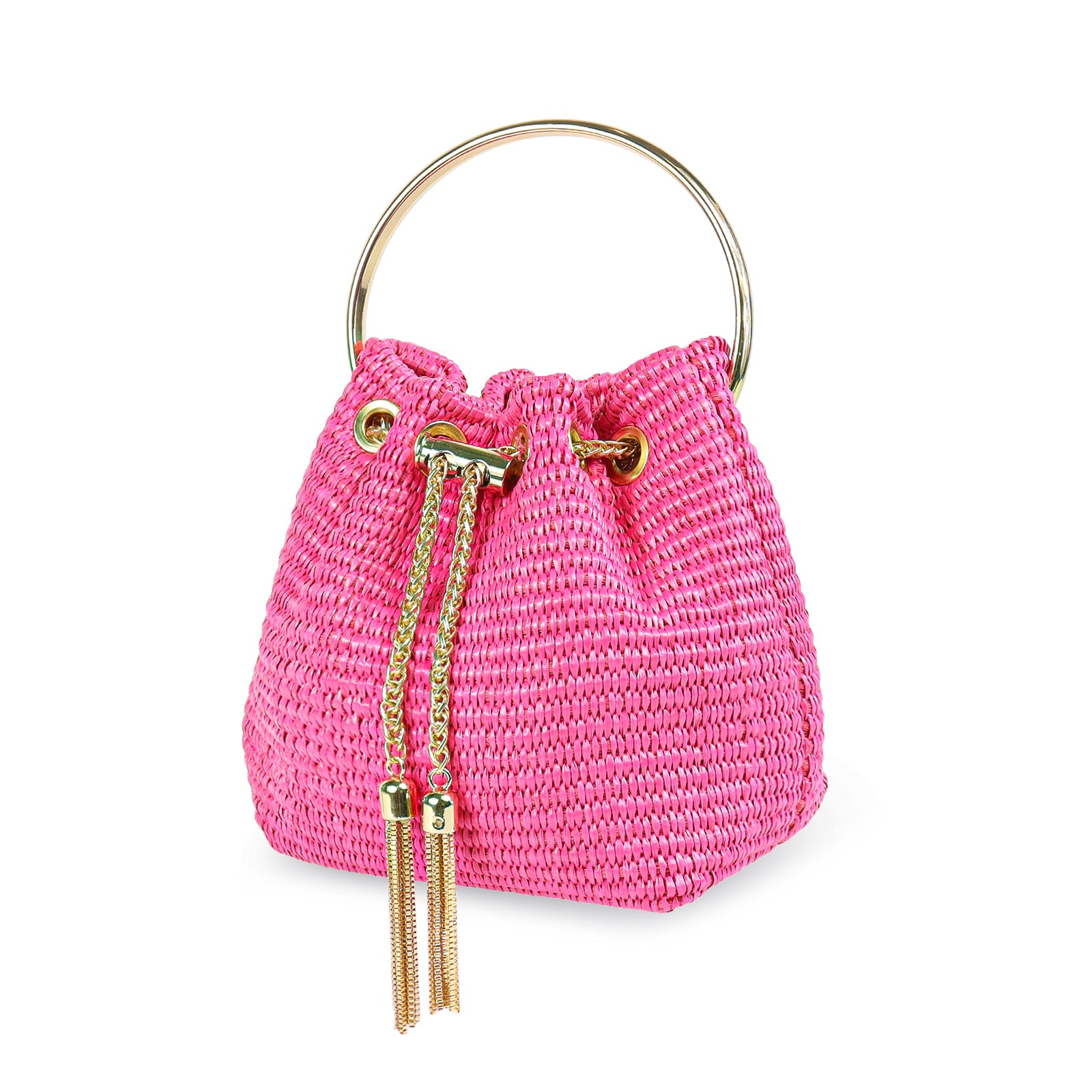 H-RAFFINO RAFFIA MASH BAG WITH CRYSTAL HANDLE - PINK