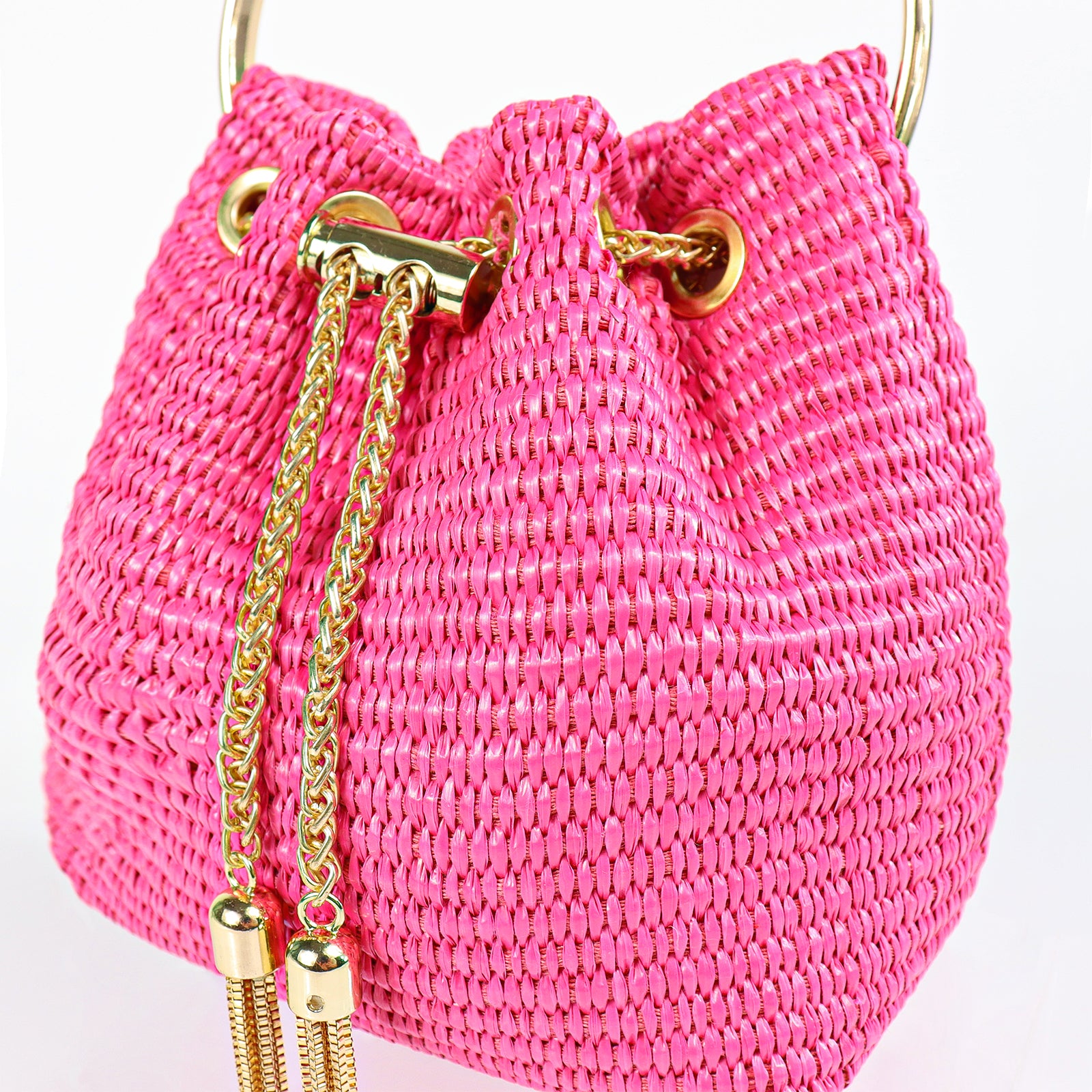 H-RAFFINO RAFFIA MASH BAG WITH CRYSTAL HANDLE - PINK