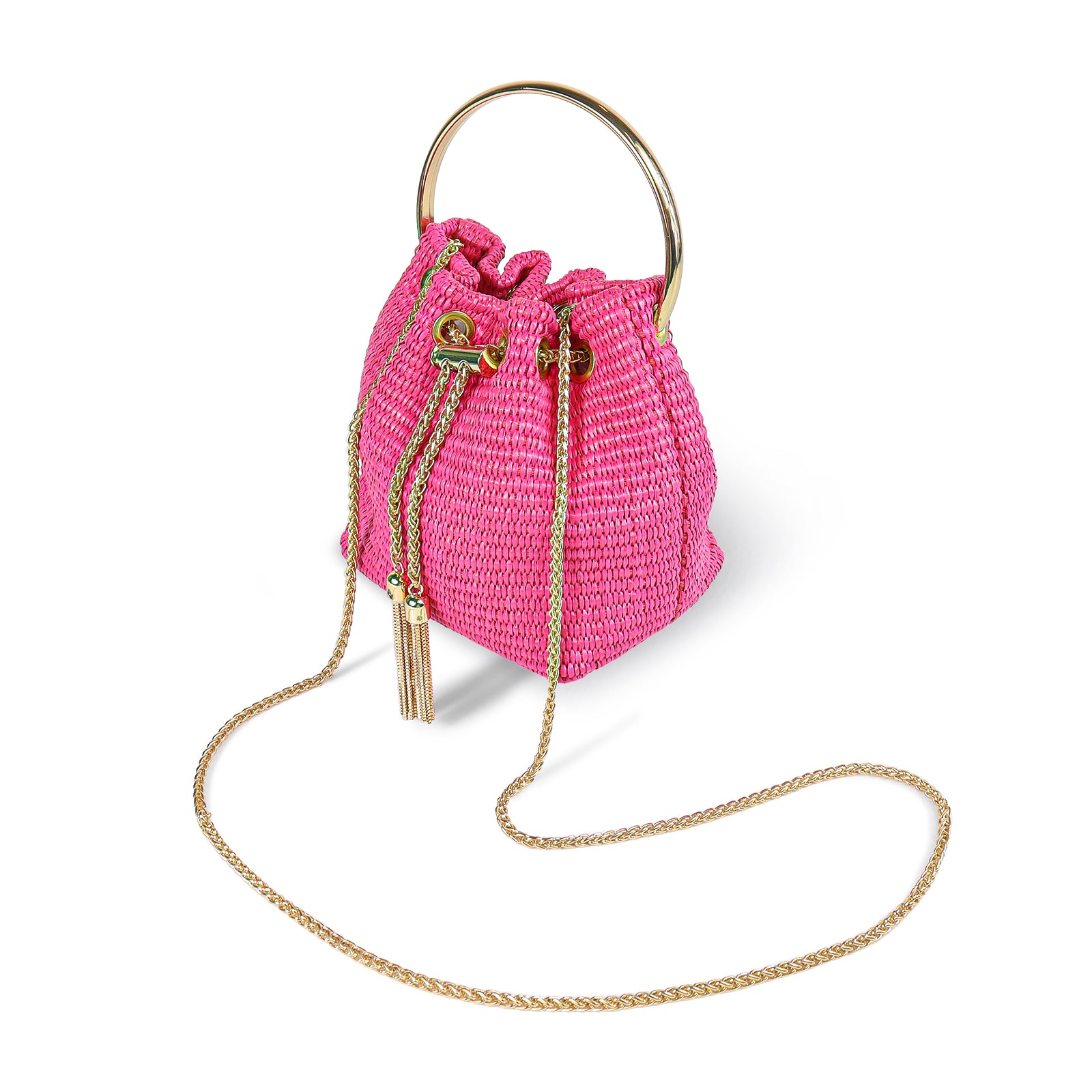 H-RAFFINO RAFFIA MASH BAG WITH CRYSTAL HANDLE - PINK