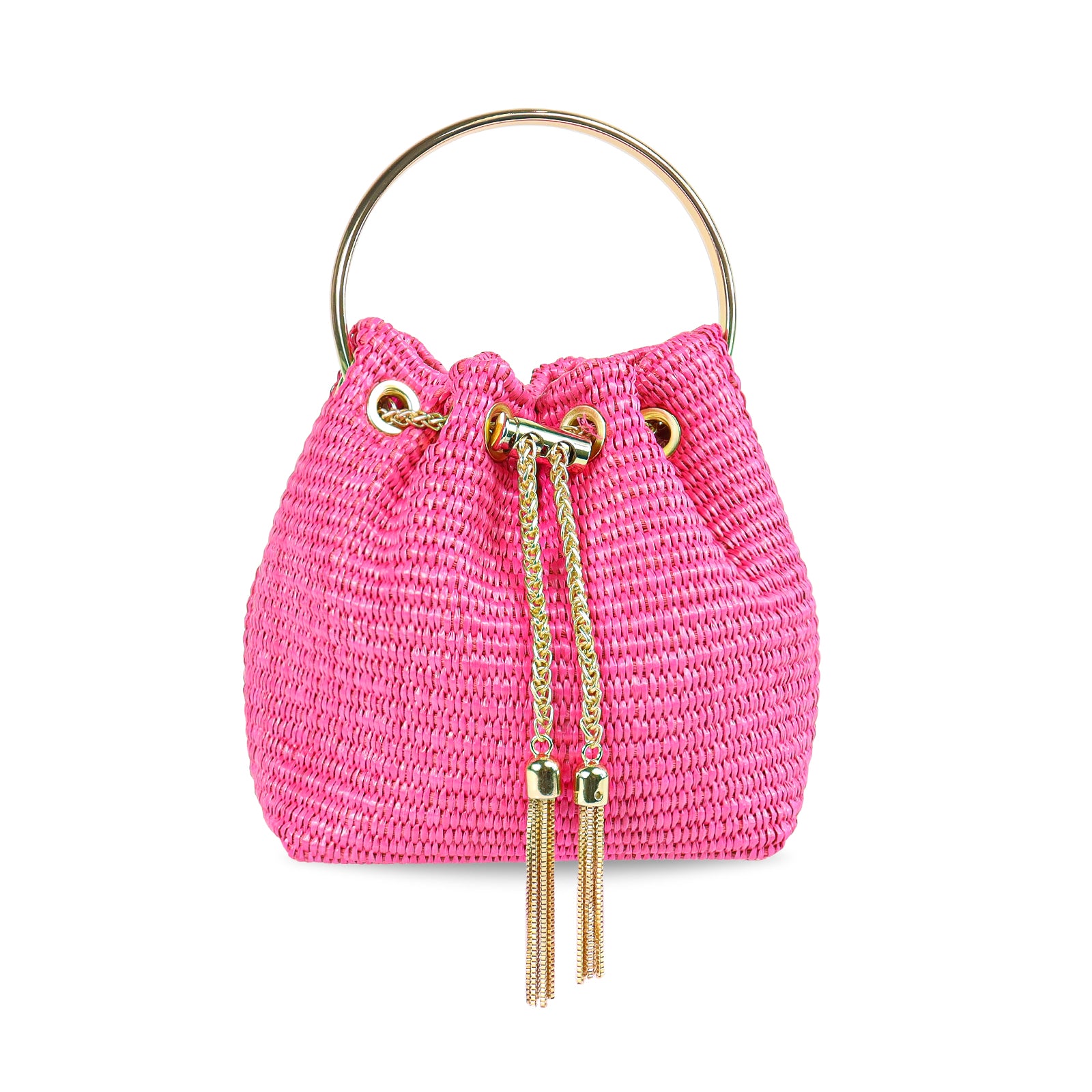 H-RAFFINO RAFFIA MASH BAG WITH CRYSTAL HANDLE - PINK