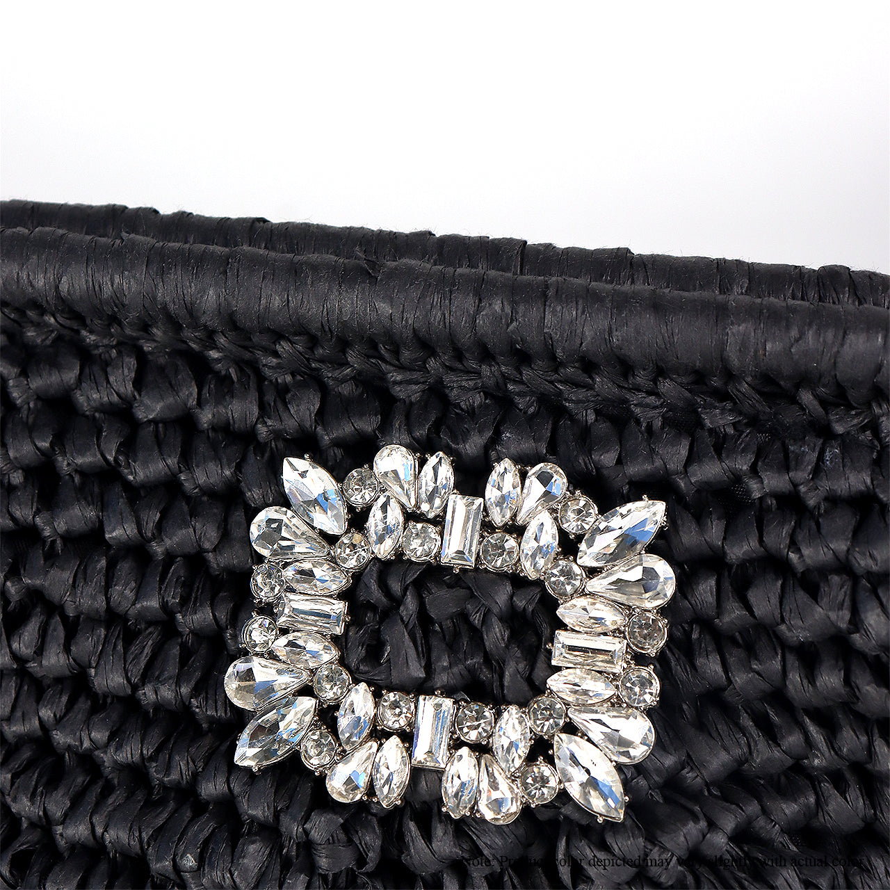 H-VACAY CRYSTAL BUCKLE RAFFIA CLUTCH-BLACK