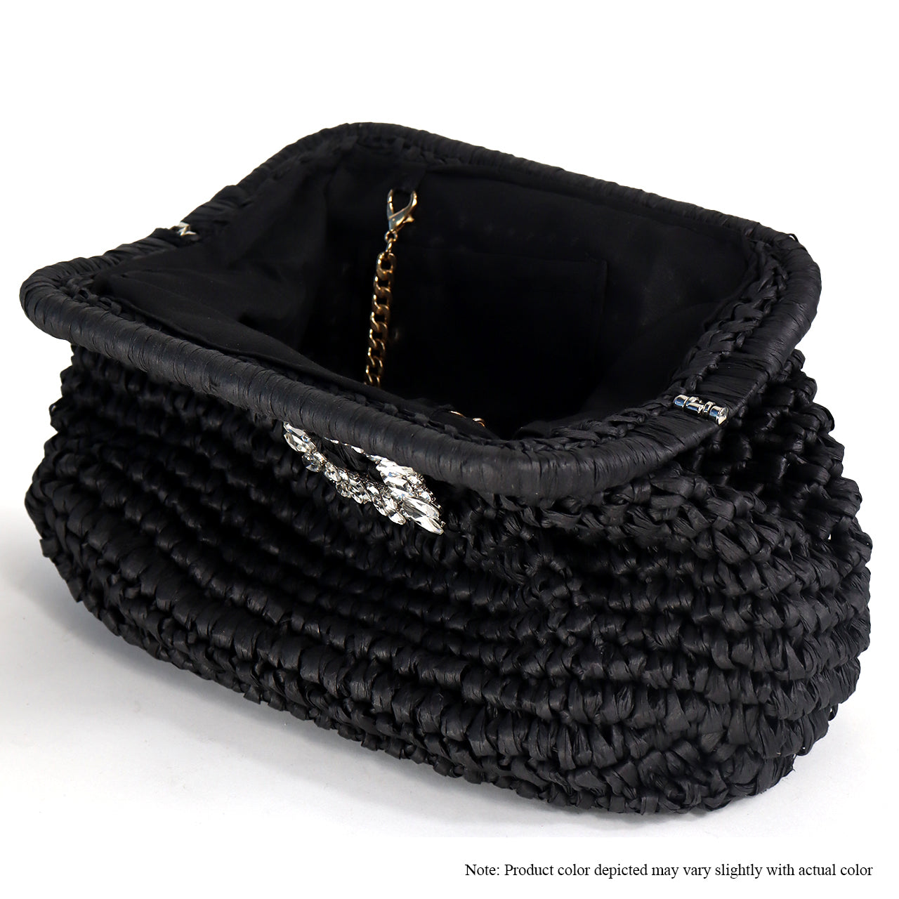 H-VACAY CRYSTAL BUCKLE RAFFIA CLUTCH-BLACK