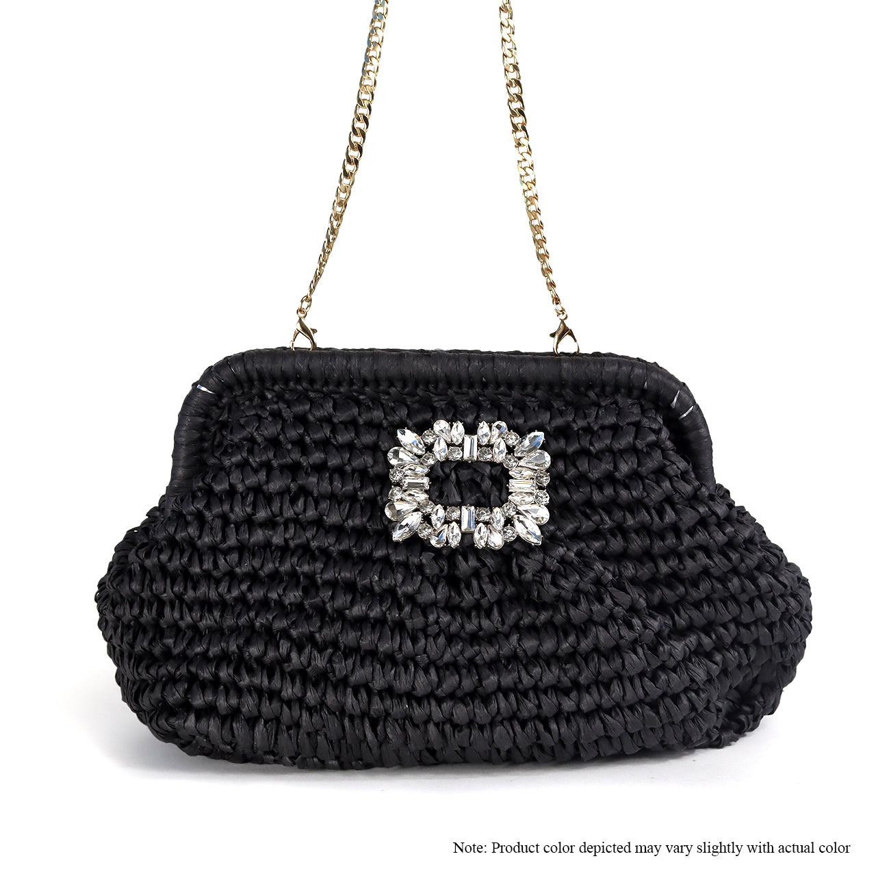 H-VACAY CRYSTAL BUCKLE RAFFIA CLUTCH-BLACK