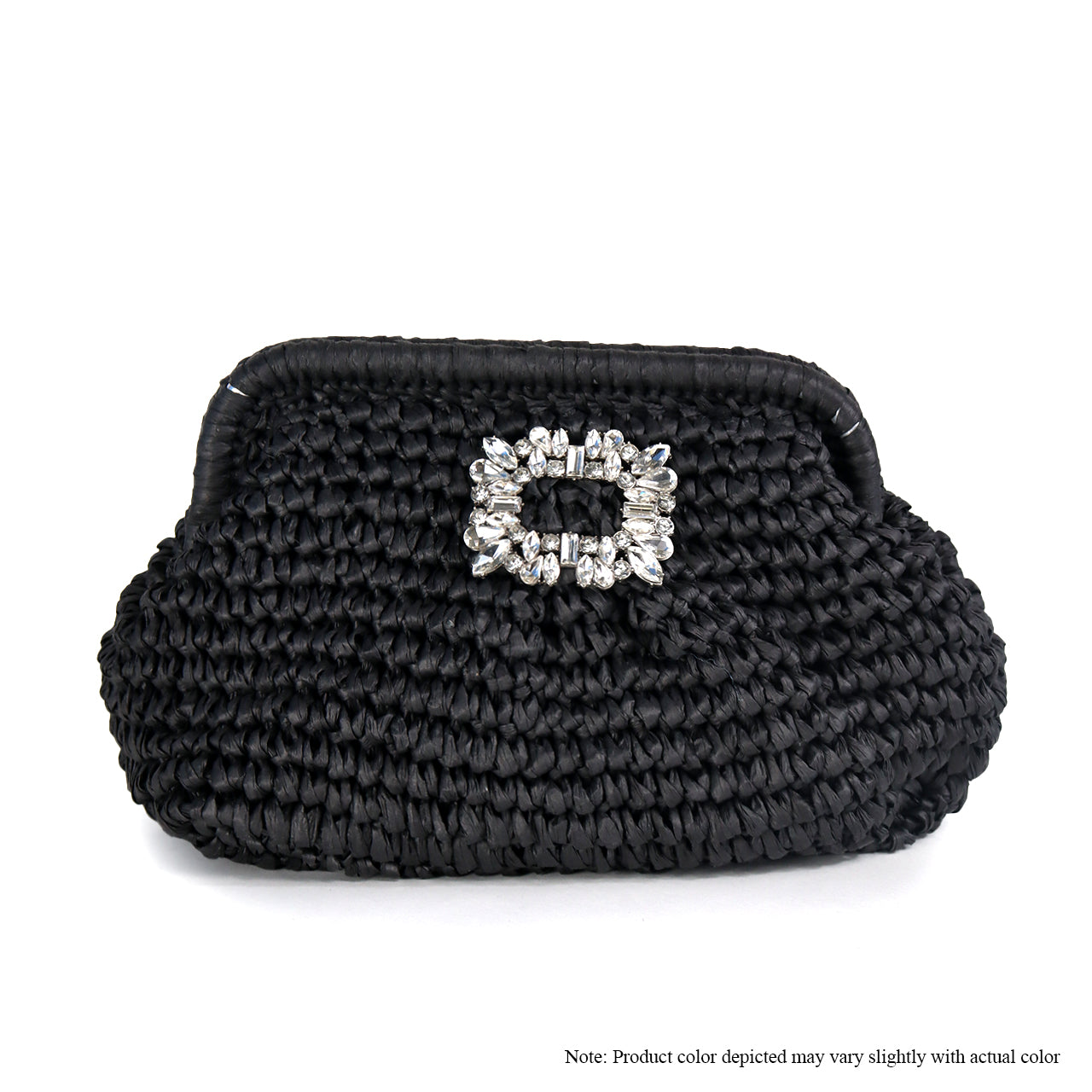 H-VACAY CRYSTAL BUCKLE RAFFIA CLUTCH-BLACK