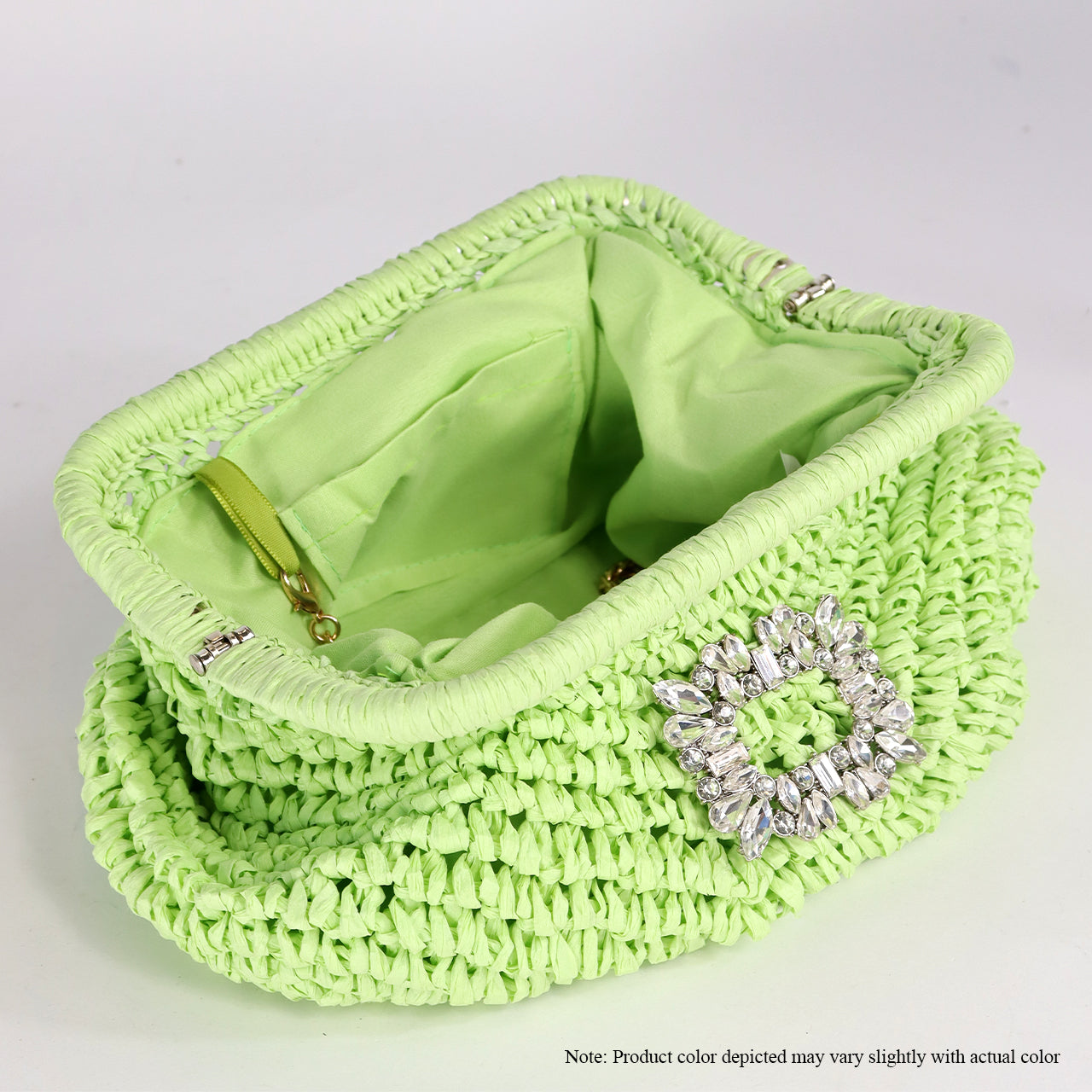 H-VACAY CRYSTAL BUCKLE RAFFIA CLUTCH-GREEN