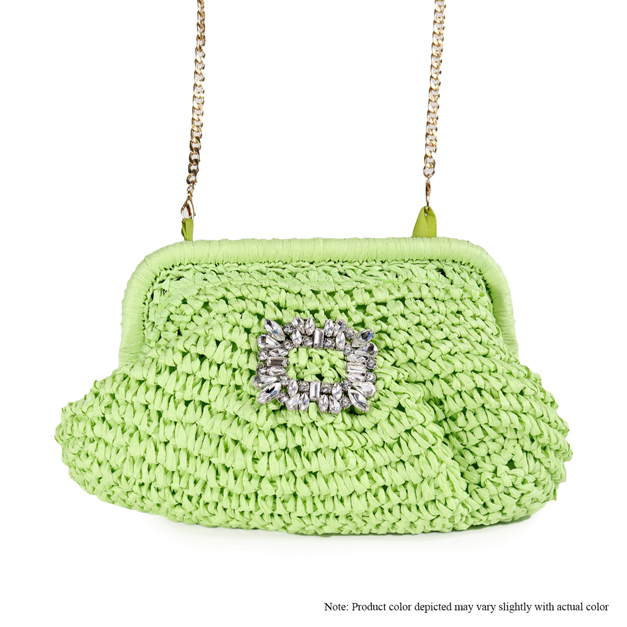 H-VACAY CRYSTAL BUCKLE RAFFIA CLUTCH-GREEN