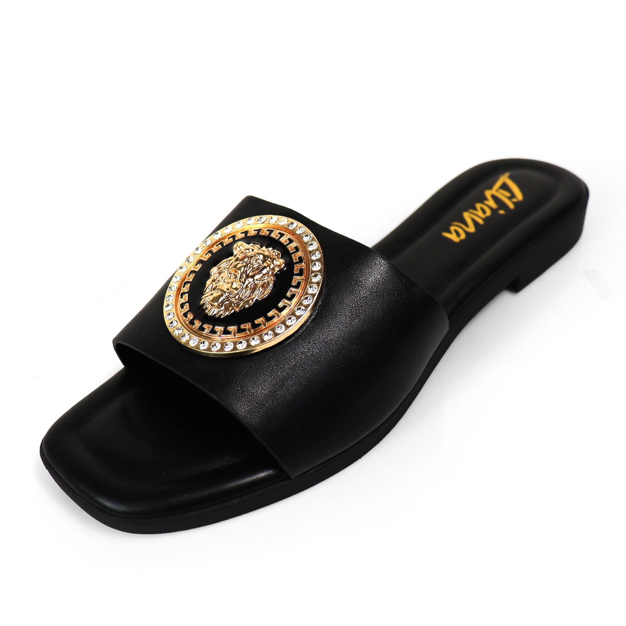 HAILIE-3 OPEN TOE LION PENDANT FLAT SLIDE SANDAL BLACK