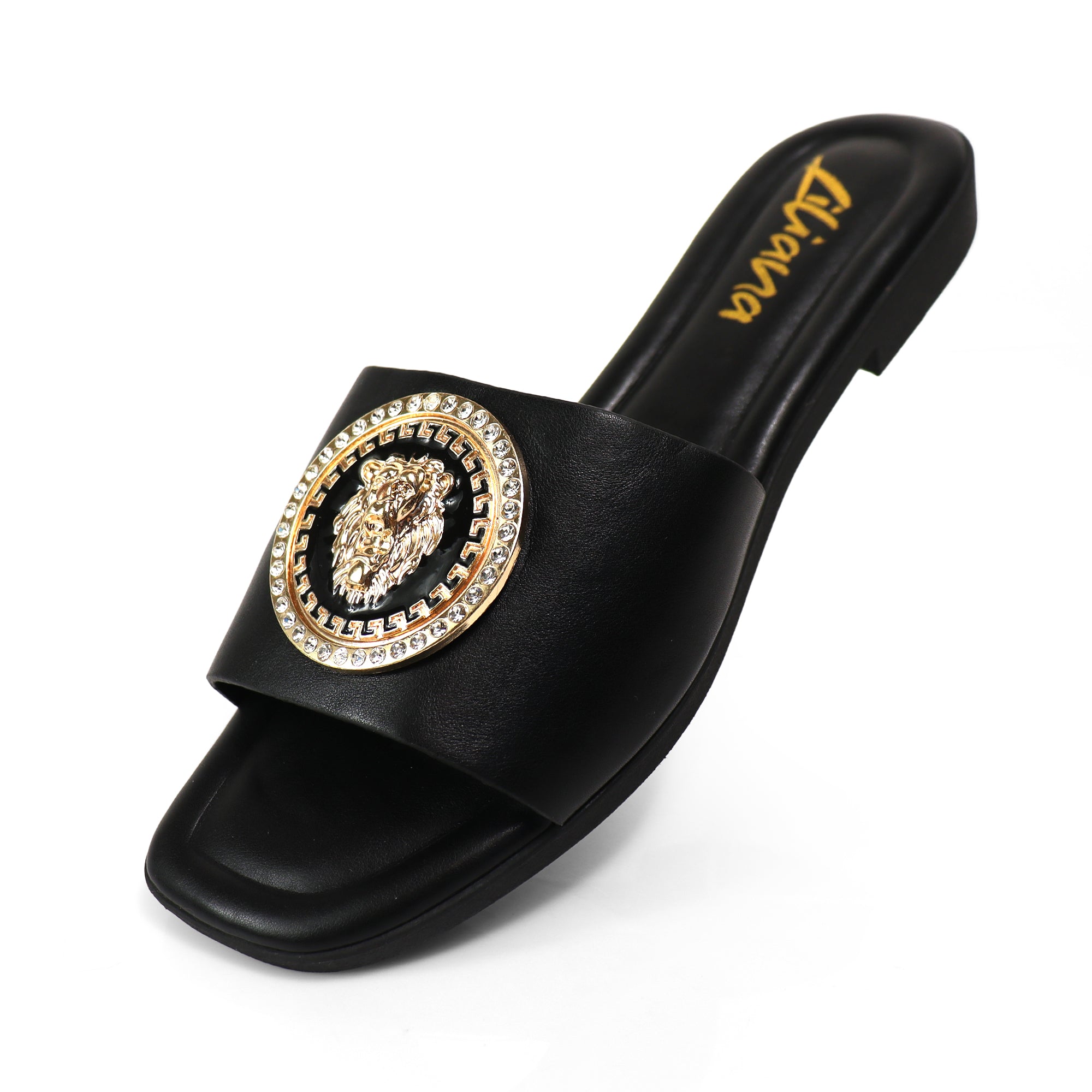 HAILIE-3 OPEN TOE LION PENDANT FLAT SLIDE SANDAL BLACK