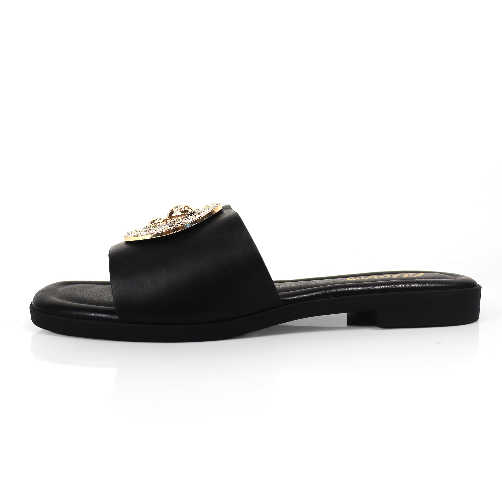 HAILIE-3 OPEN TOE LION PENDANT FLAT SLIDE SANDAL BLACK