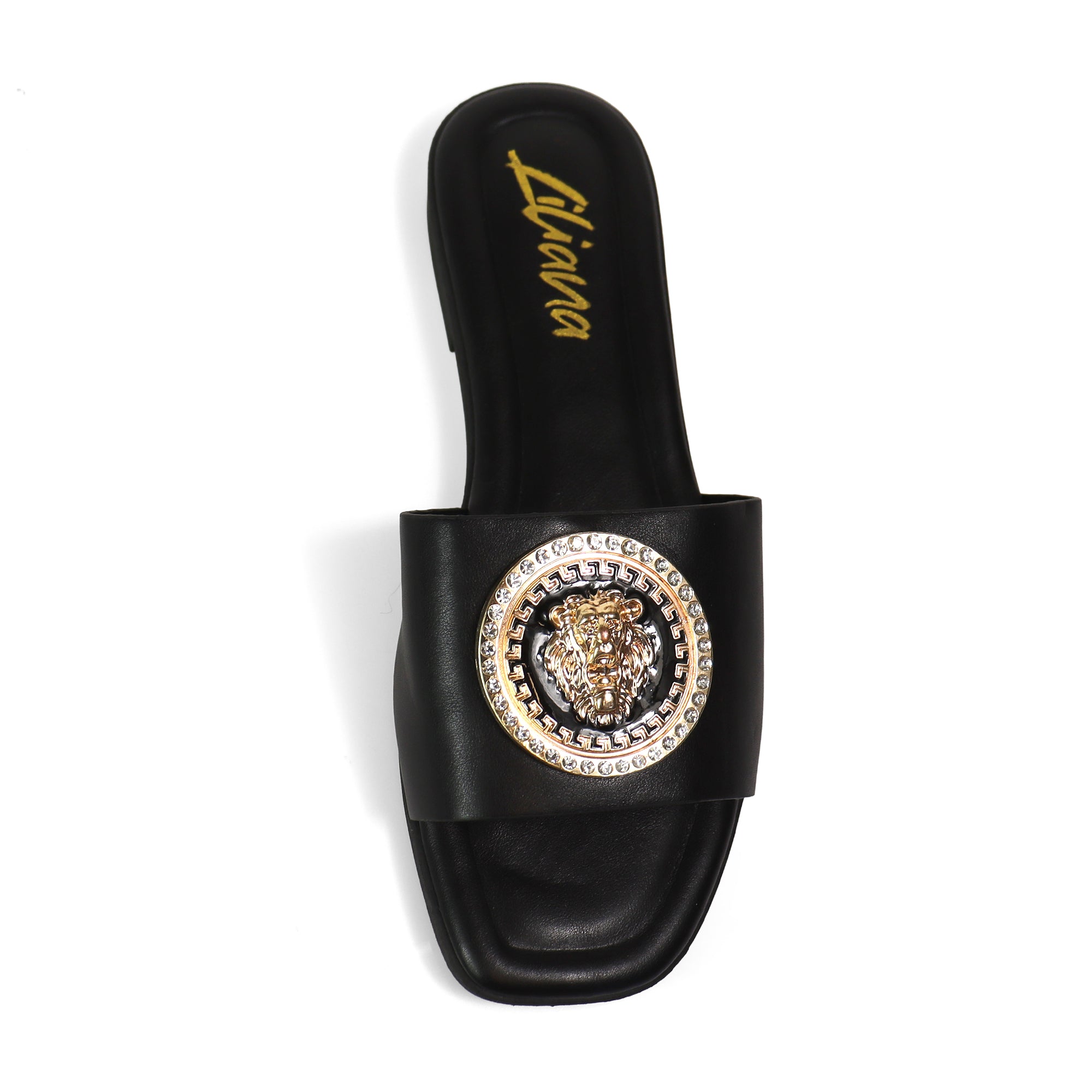 HAILIE-3 OPEN TOE LION PENDANT FLAT SLIDE SANDAL BLACK