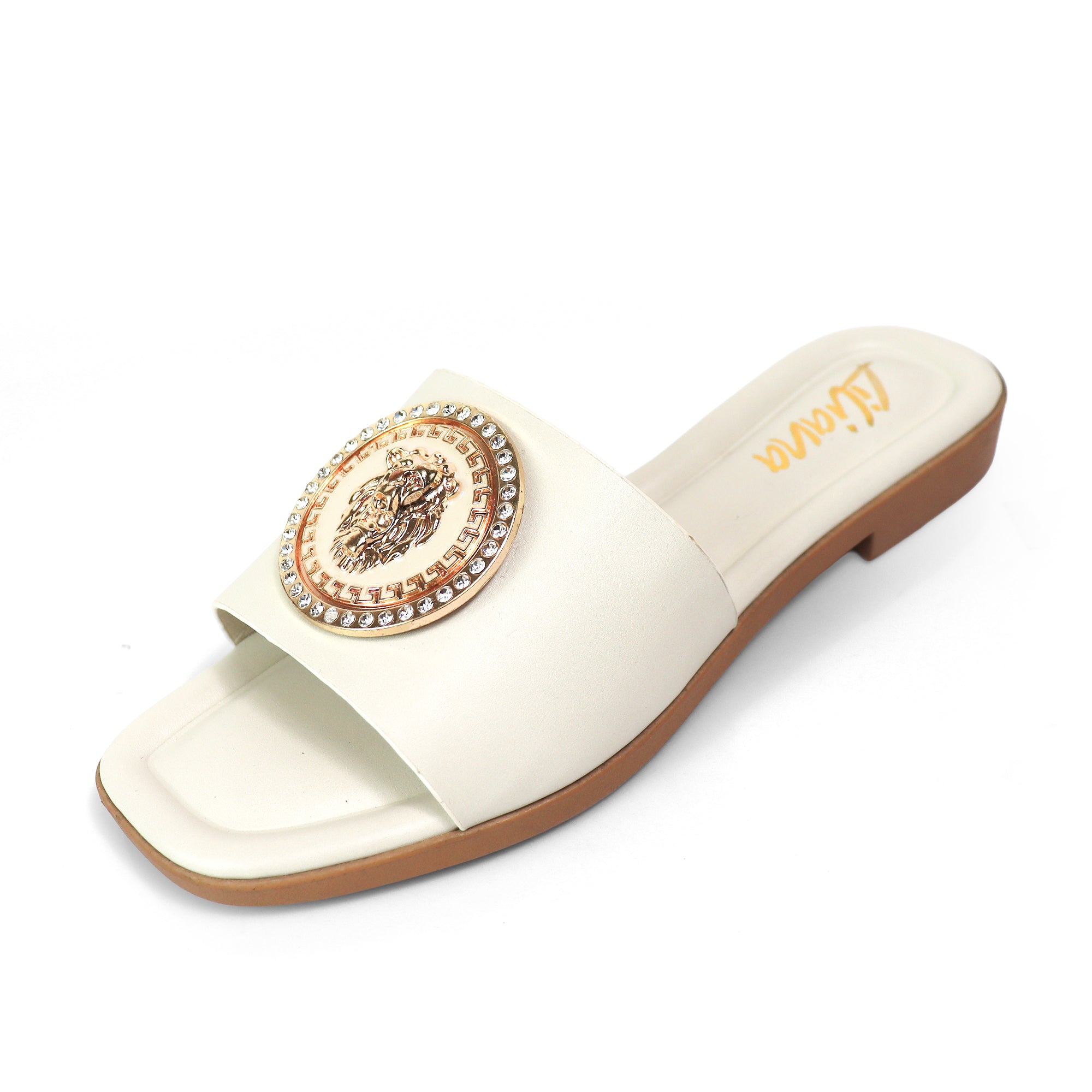 HAILIE-3 OPEN TOE LION PENDANT FLAT SLIDE SANDAL IVORY