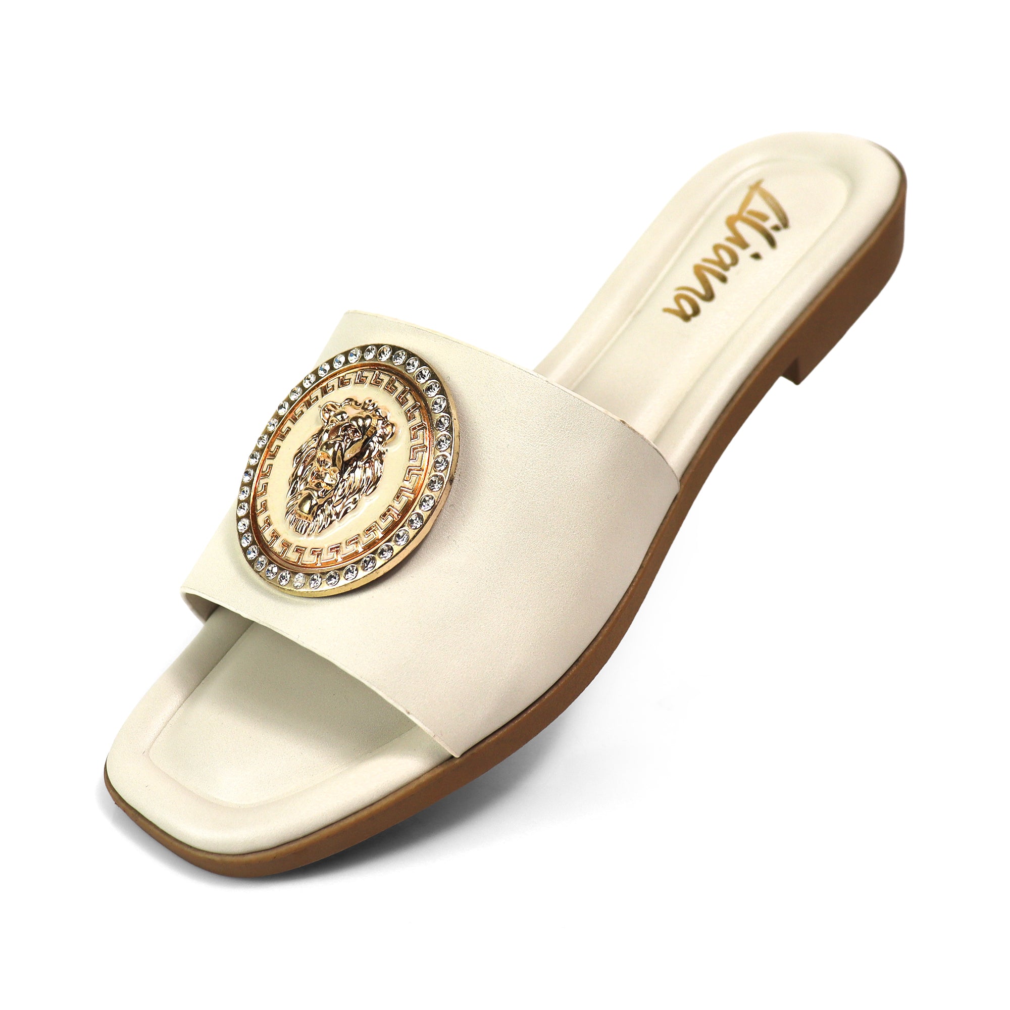 HAILIE-3 OPEN TOE LION PENDANT FLAT SLIDE SANDAL IVORY