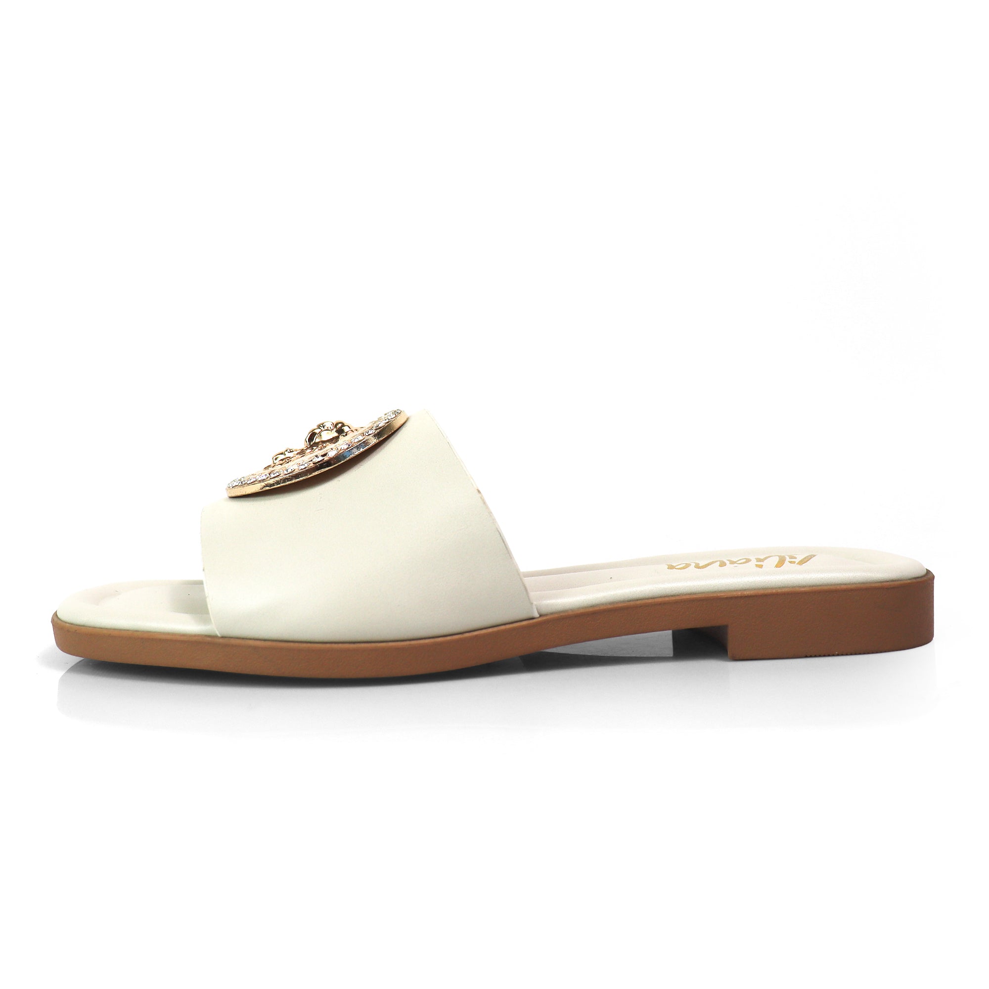HAILIE-3 OPEN TOE LION PENDANT FLAT SLIDE SANDAL IVORY