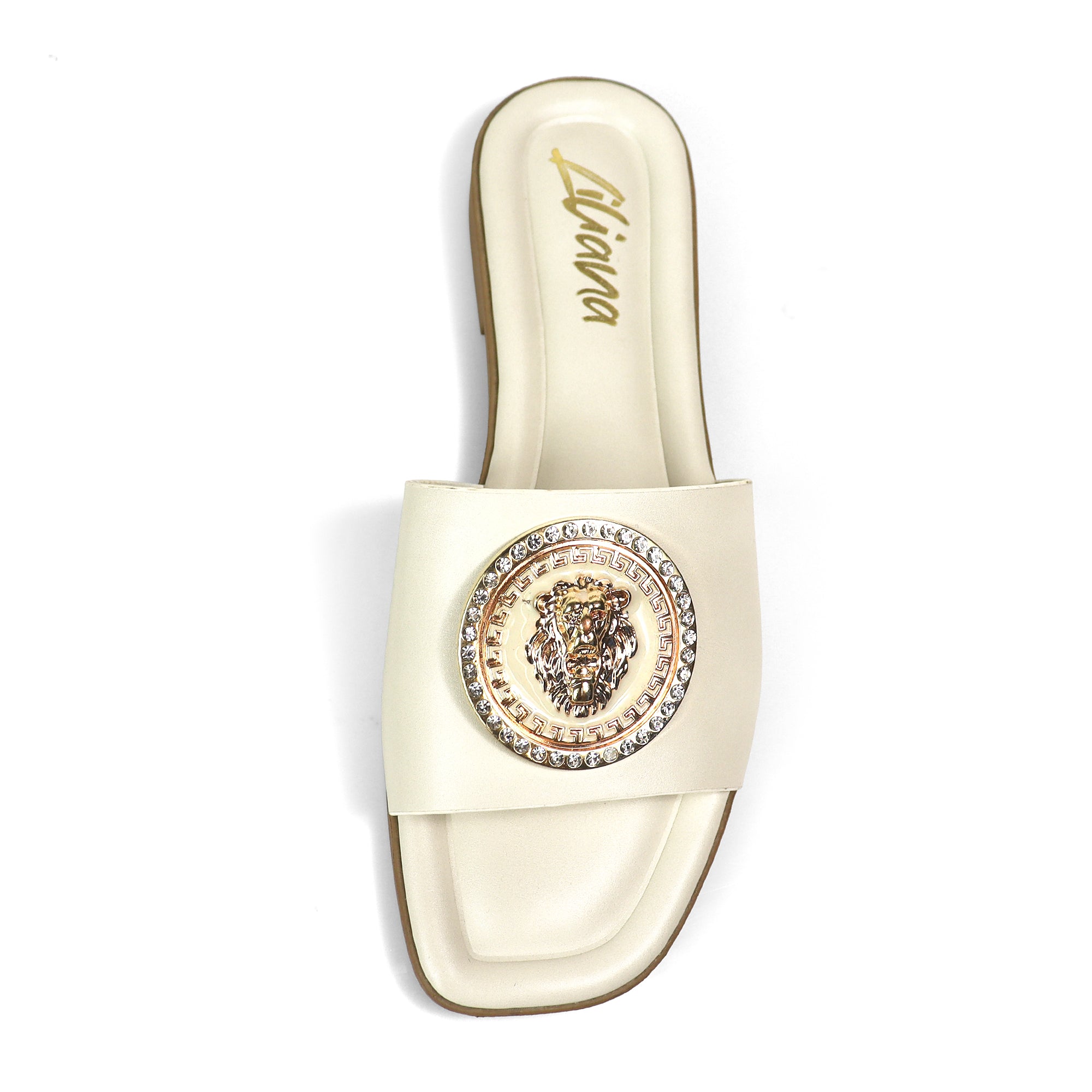 HAILIE-3 OPEN TOE LION PENDANT FLAT SLIDE SANDAL IVORY