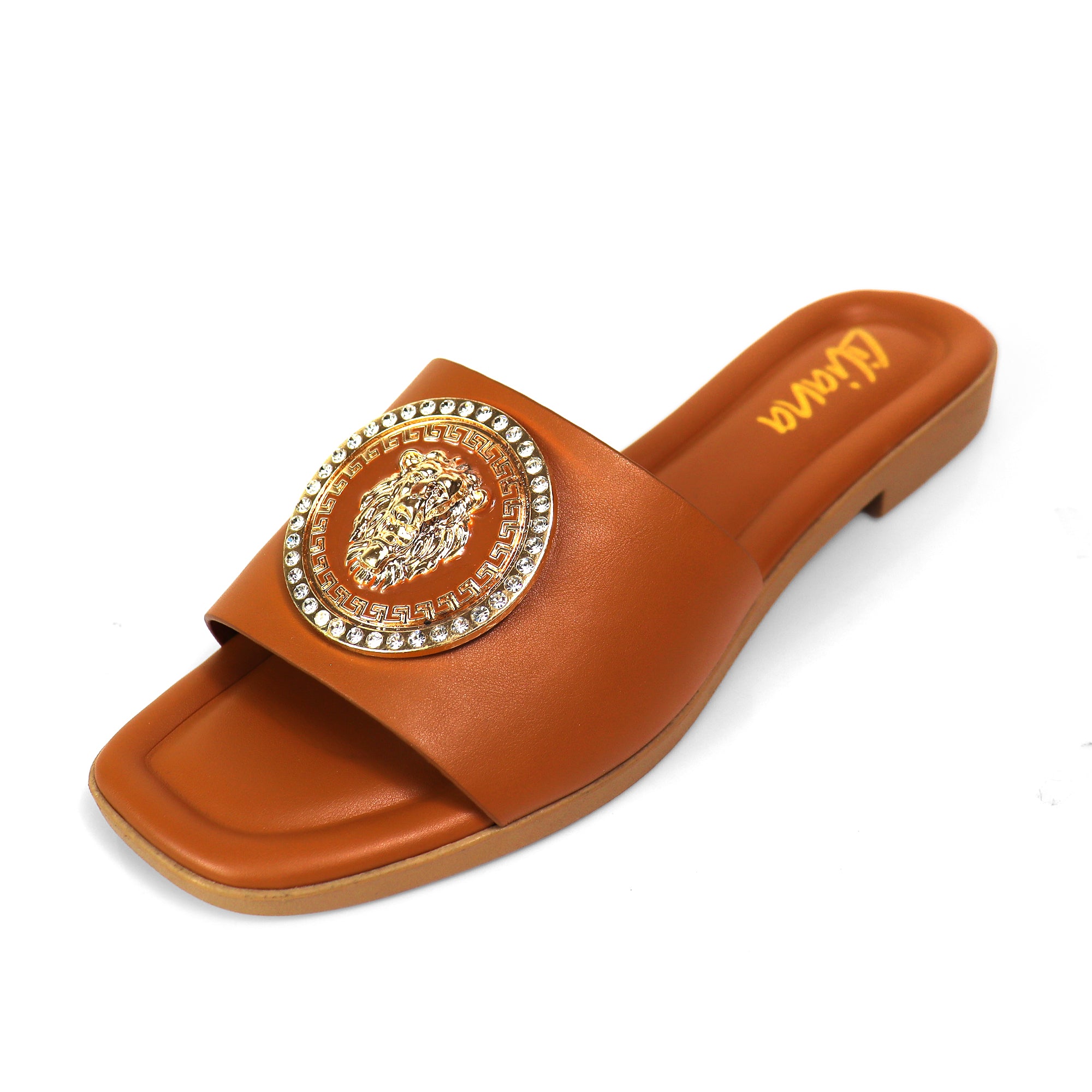 HAILIE-3 OPEN TOE LION PENDANT FLAT SLIDE SANDAL TAN