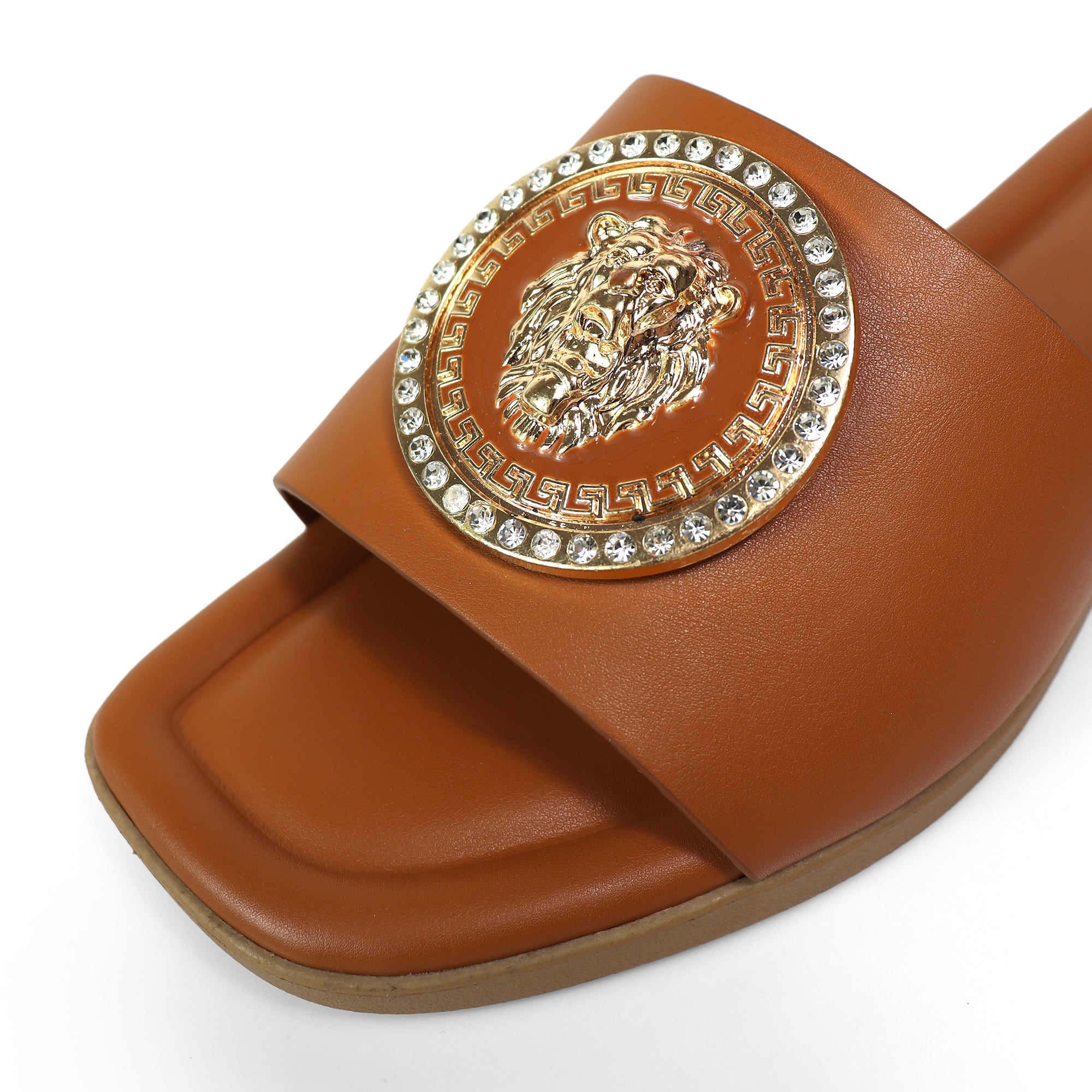 HAILIE-3 OPEN TOE LION PENDANT FLAT SLIDE SANDAL TAN