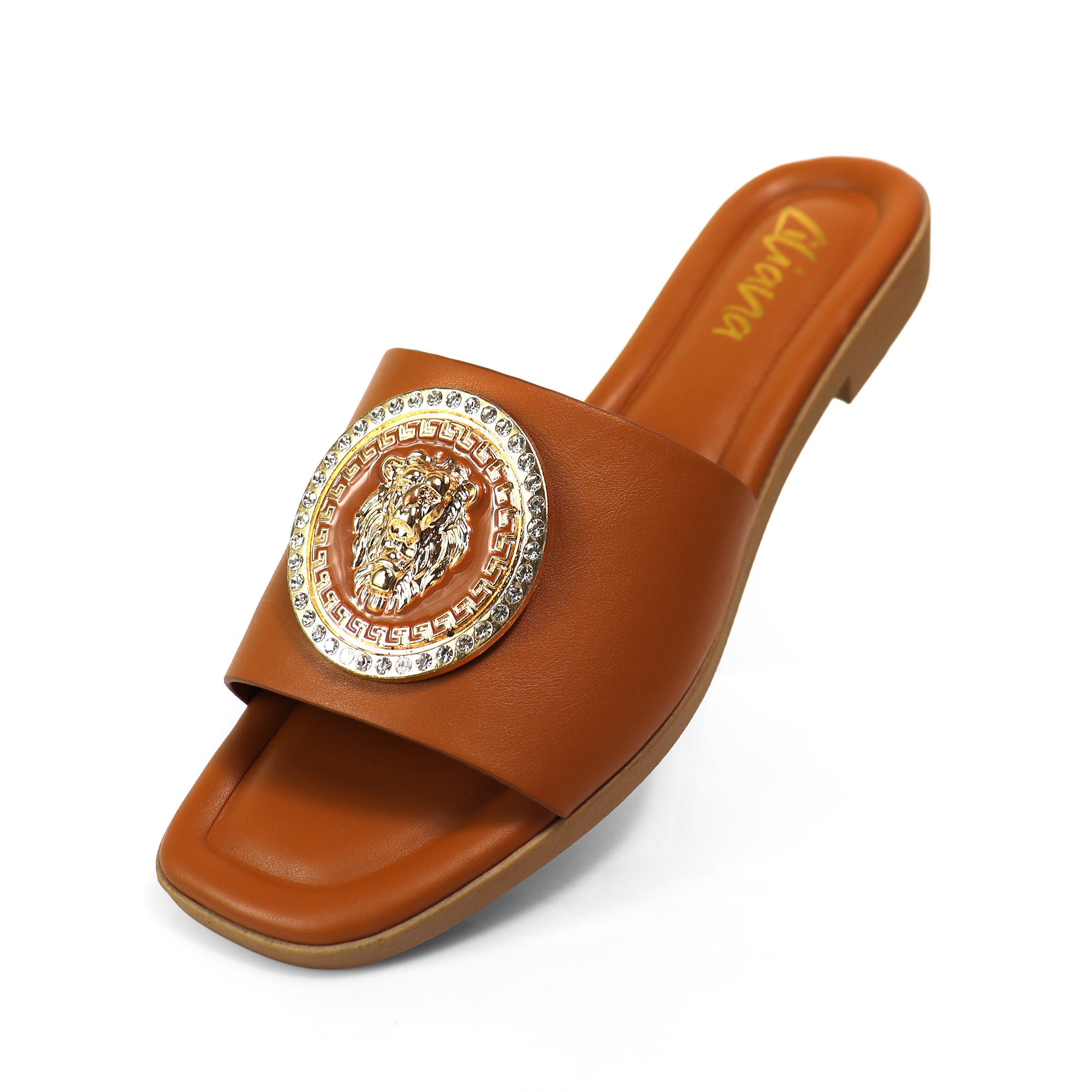 HAILIE-3 OPEN TOE LION PENDANT FLAT SLIDE SANDAL TAN