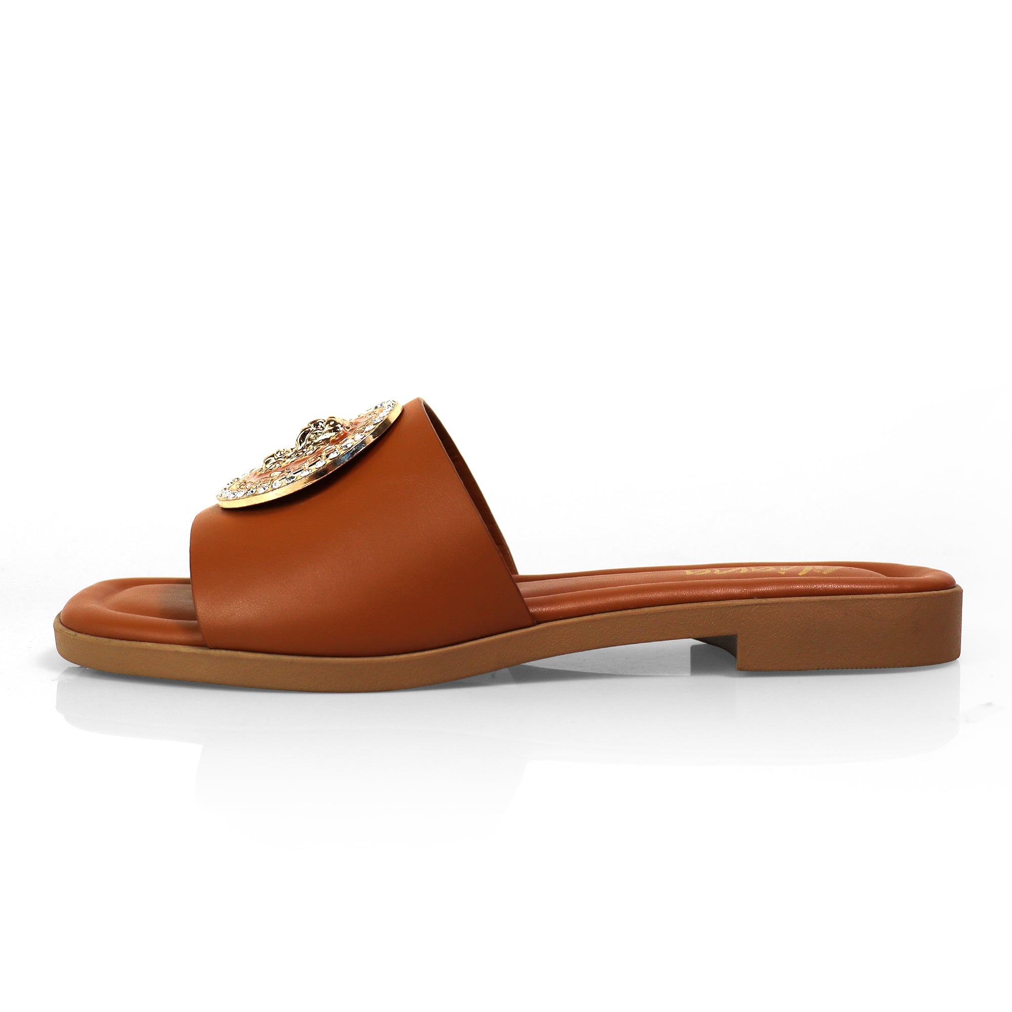 HAILIE-3 OPEN TOE LION PENDANT FLAT SLIDE SANDAL TAN