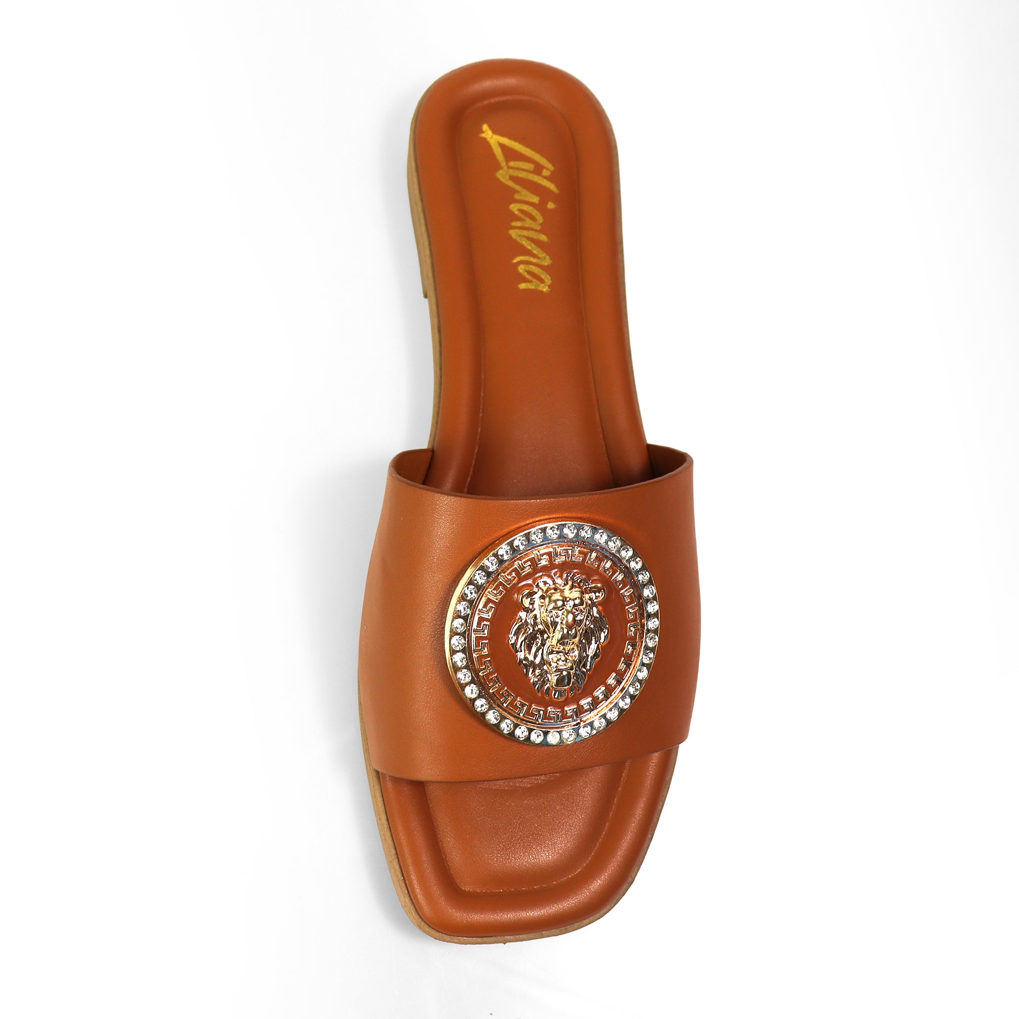 HAILIE-3 OPEN TOE LION PENDANT FLAT SLIDE SANDAL TAN