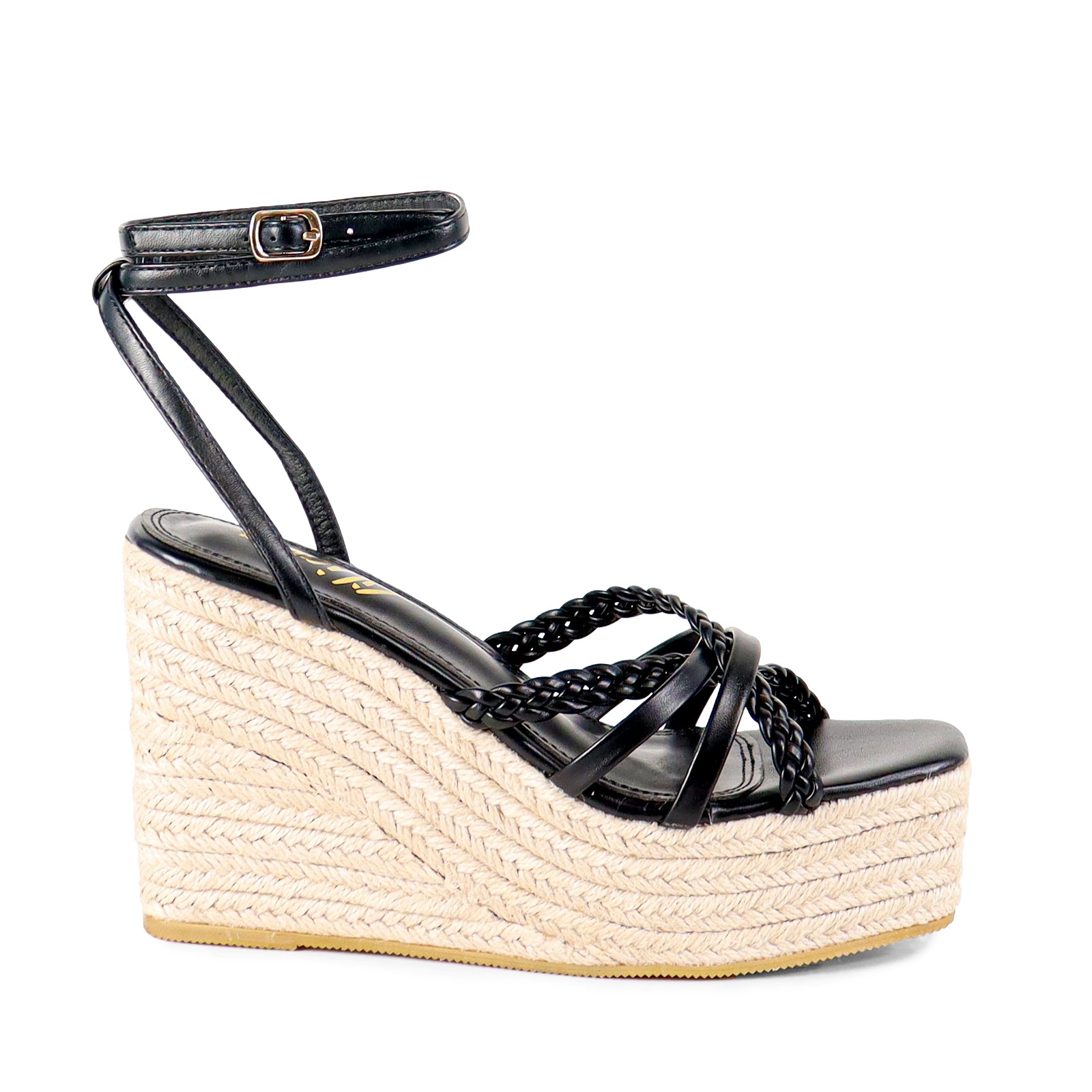 HAZEL-2 STRAPPY ANKLE WITH FLATFORM ESPADRILLE WEDGE SANDALS-BLACK