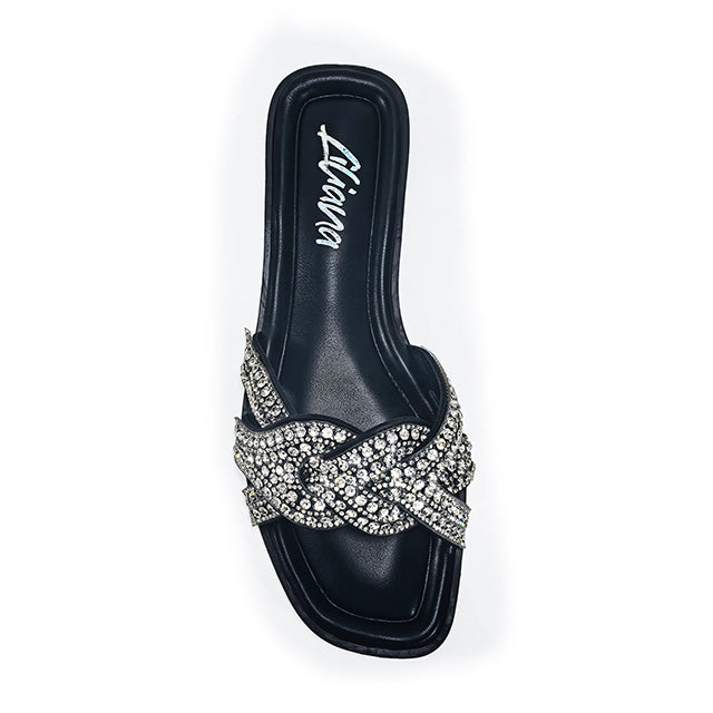 HOLY-13 RHINESTON FLAT SANDAL WITH INSOLE BLACK