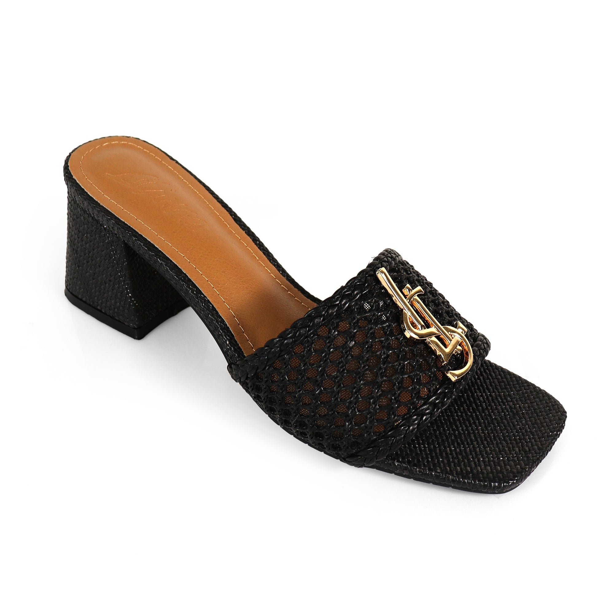 IRENE-3 ALMOND OPEN TOE WOVEN RAFFIA MULE W/CHUNKY HEEL BLACK