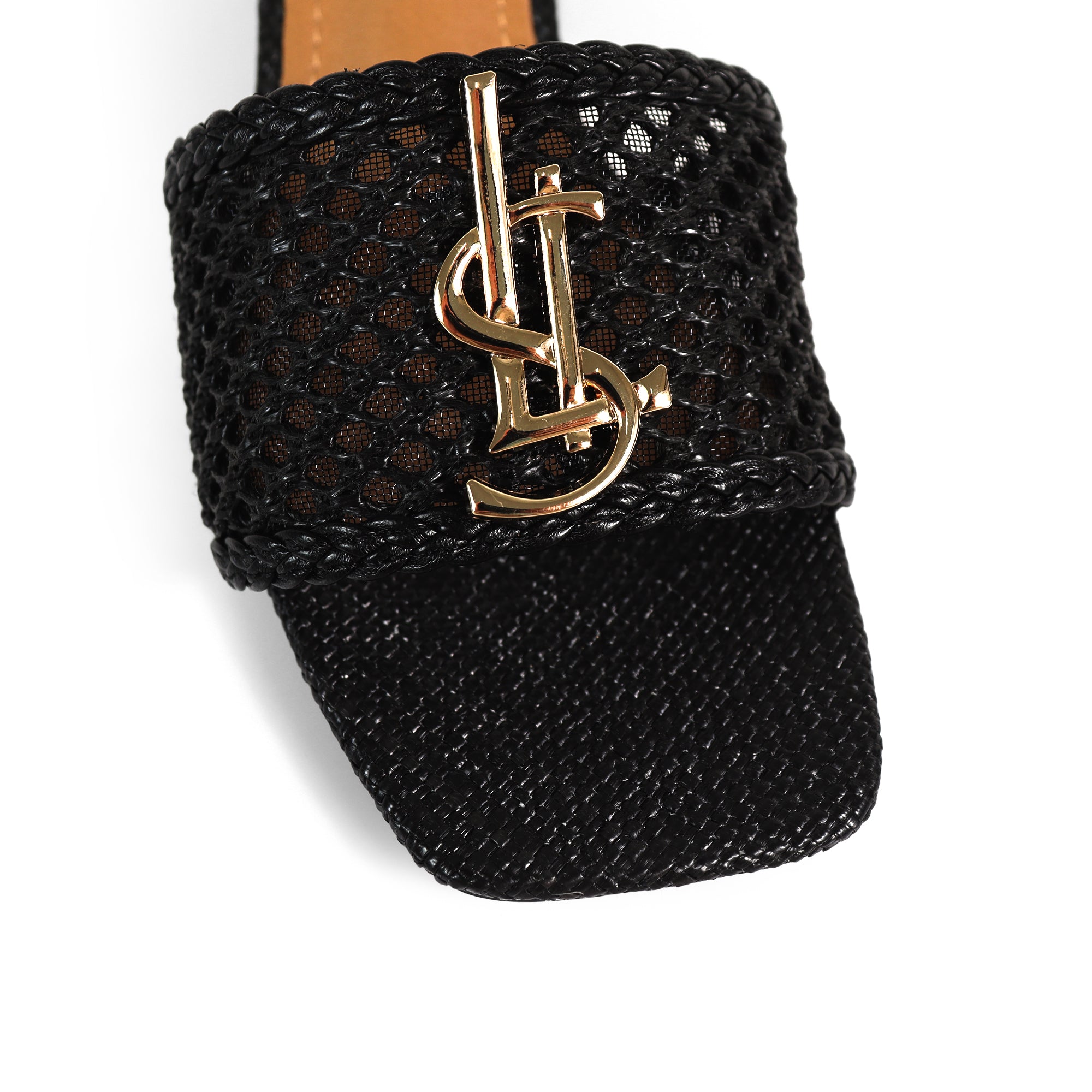 IRENE-3 ALMOND OPEN TOE WOVEN RAFFIA MULE W/CHUNKY HEEL BLACK
