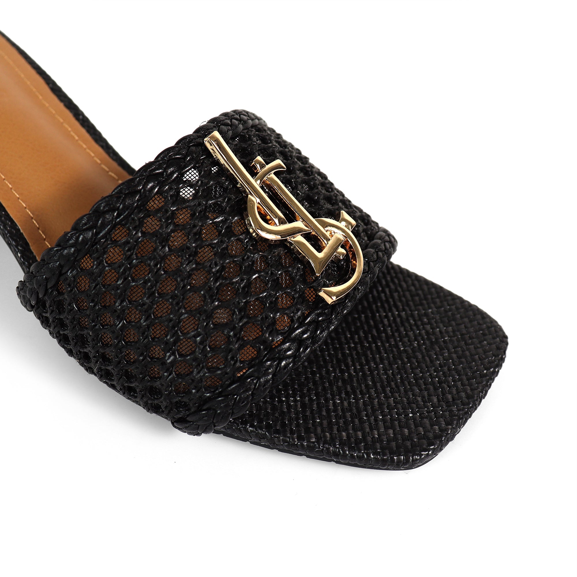 IRENE-3 ALMOND OPEN TOE WOVEN RAFFIA MULE W/CHUNKY HEEL BLACK