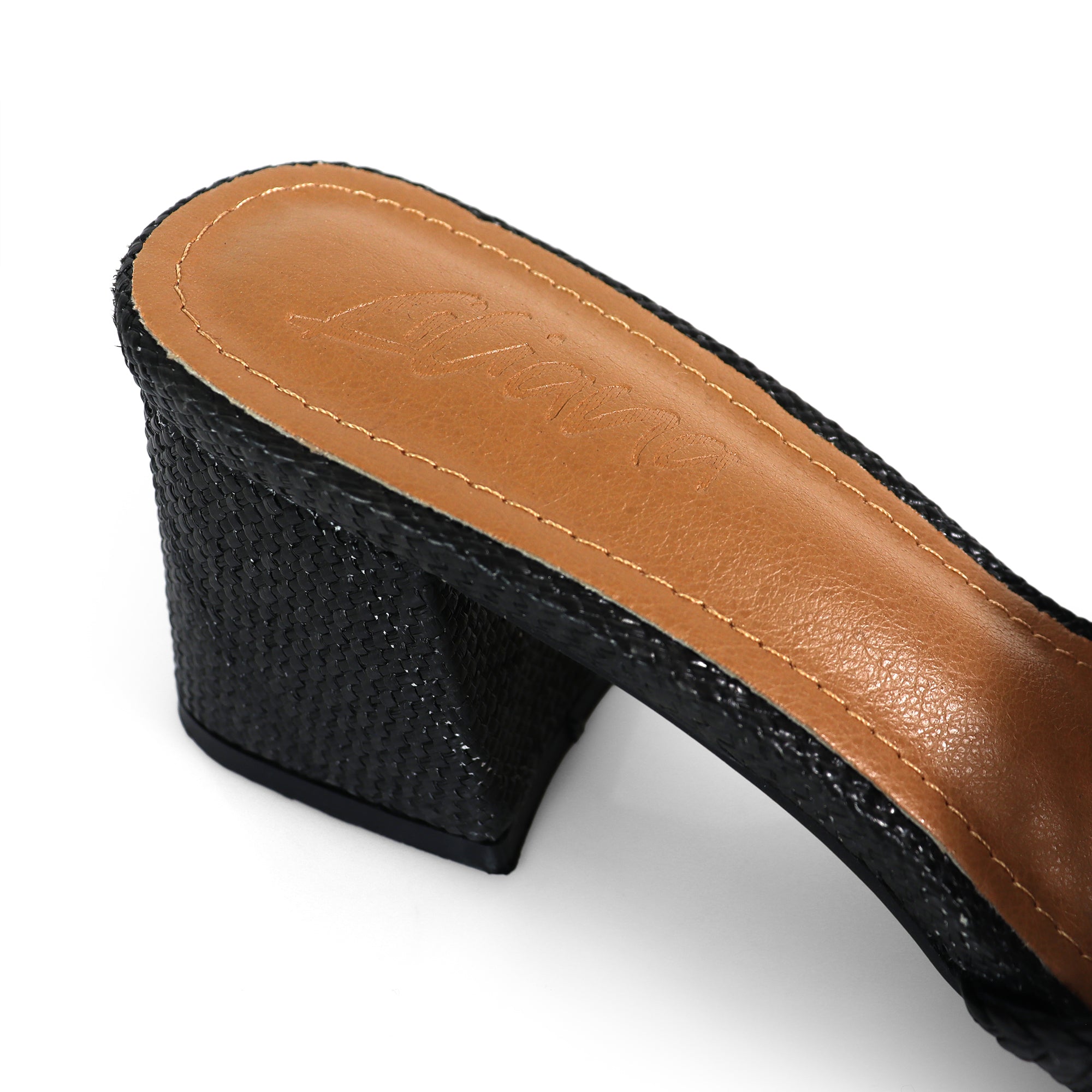 IRENE-3 ALMOND OPEN TOE WOVEN RAFFIA MULE W/CHUNKY HEEL BLACK