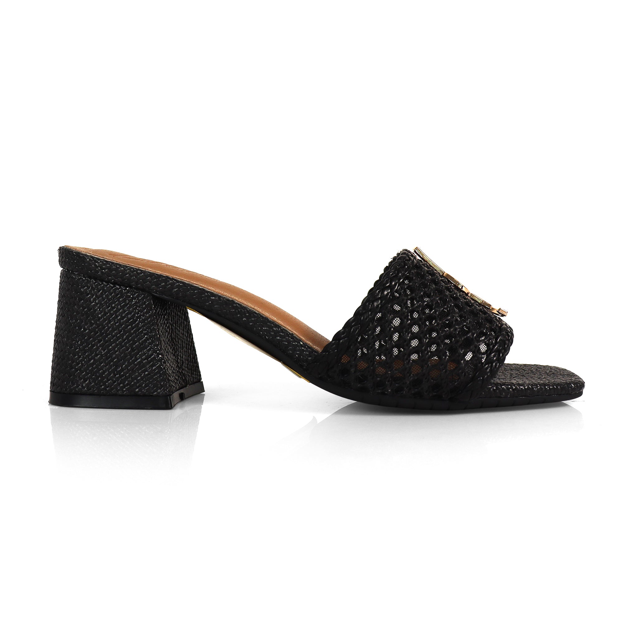 IRENE-3 ALMOND OPEN TOE WOVEN RAFFIA MULE W/CHUNKY HEEL BLACK