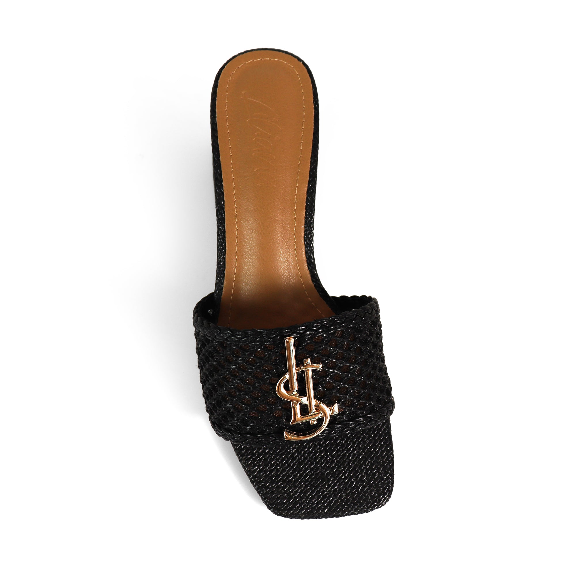IRENE-3 ALMOND OPEN TOE WOVEN RAFFIA MULE W/CHUNKY HEEL BLACK