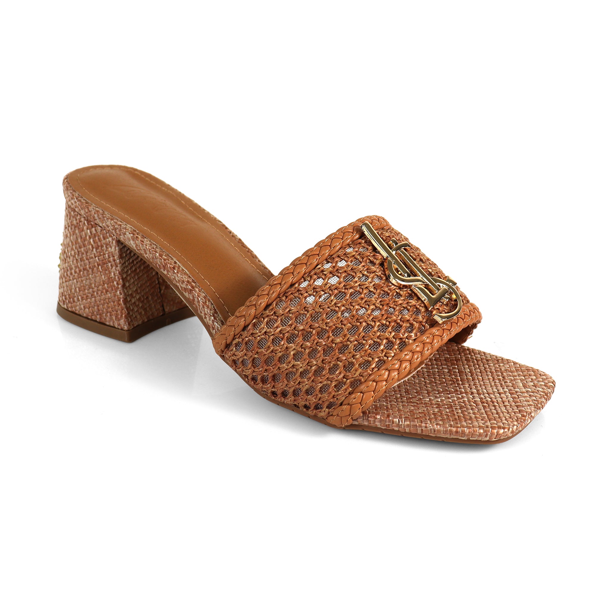 IRENE-3 ALMOND OPEN TOE WOVEN RAFFIA MULE W/CHUNKY HEEL BROWN