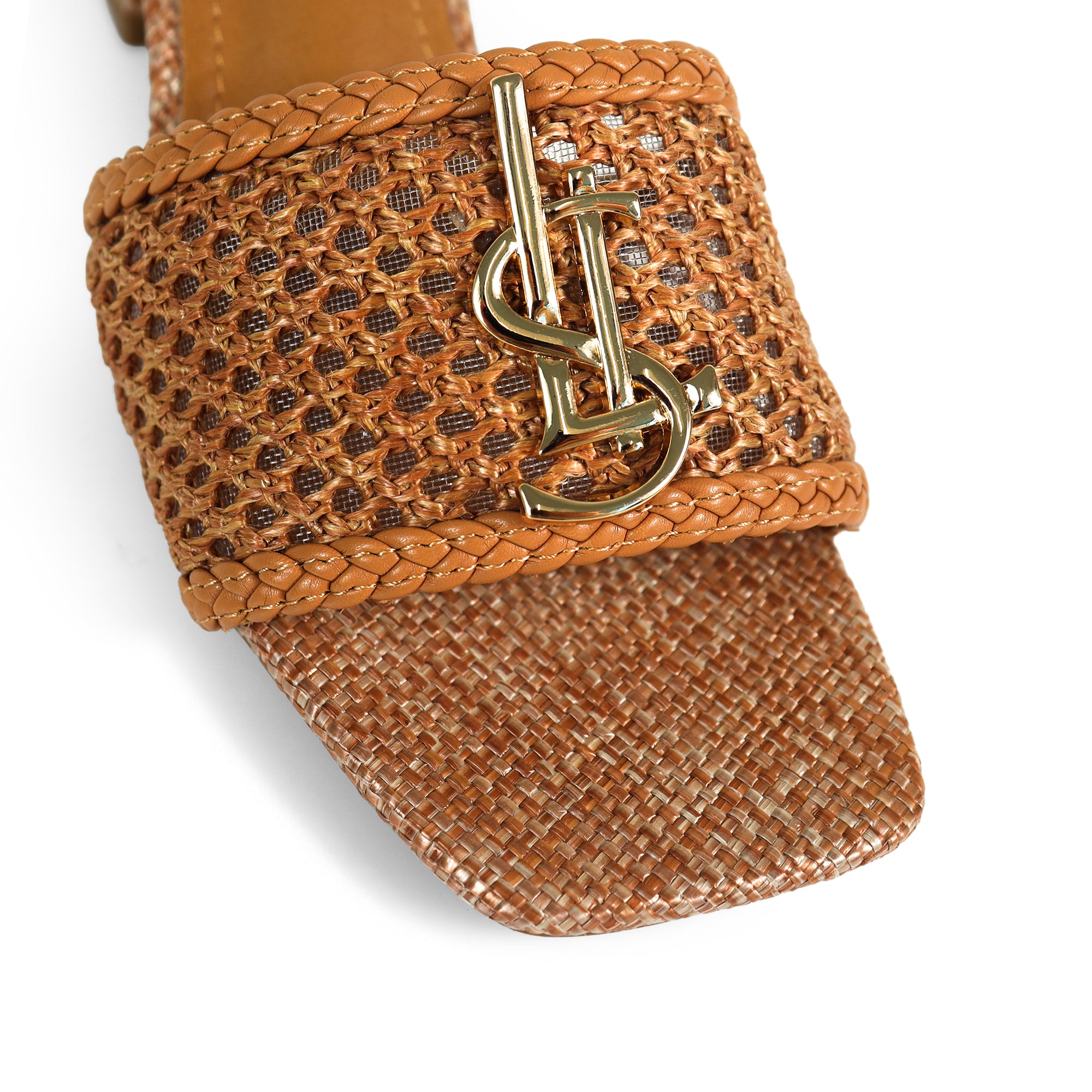 IRENE-3 ALMOND OPEN TOE WOVEN RAFFIA MULE W/CHUNKY HEEL BROWN