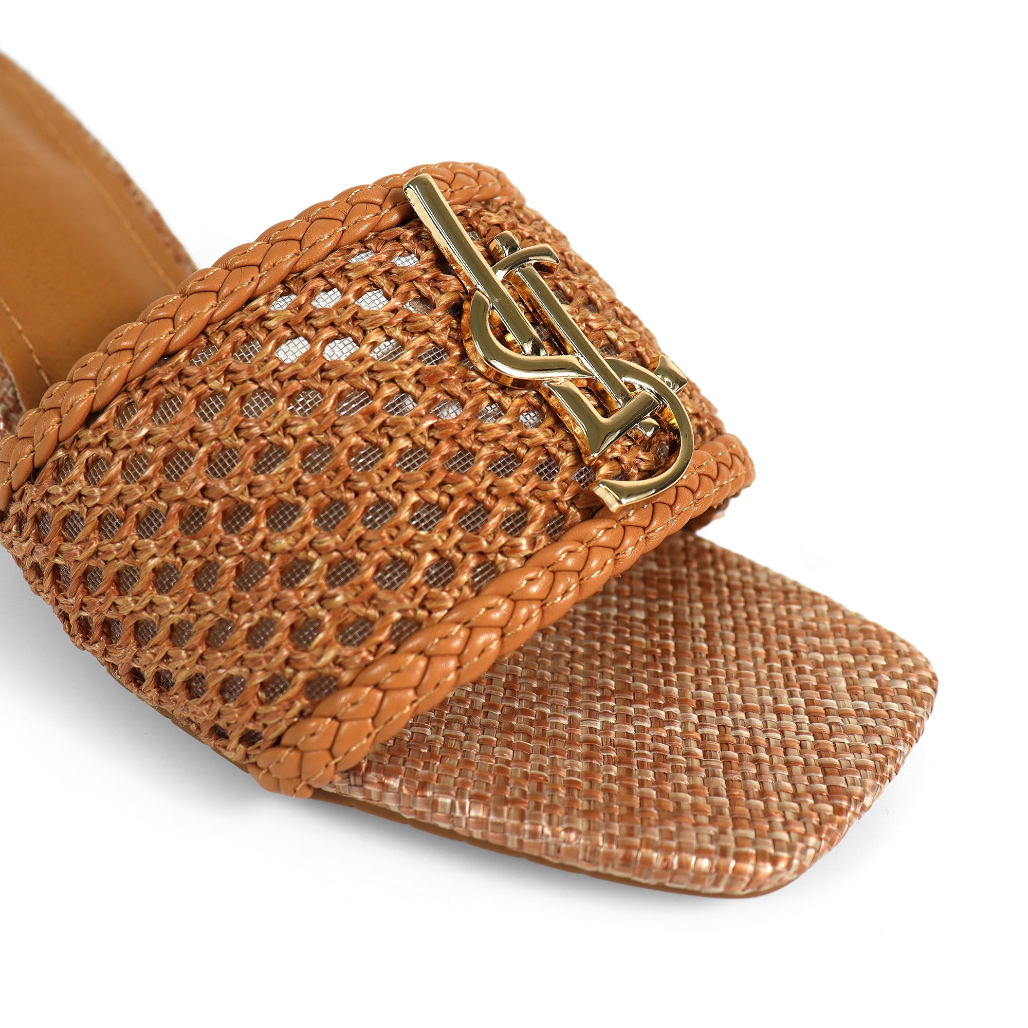 IRENE-3 ALMOND OPEN TOE WOVEN RAFFIA MULE W/CHUNKY HEEL BROWN