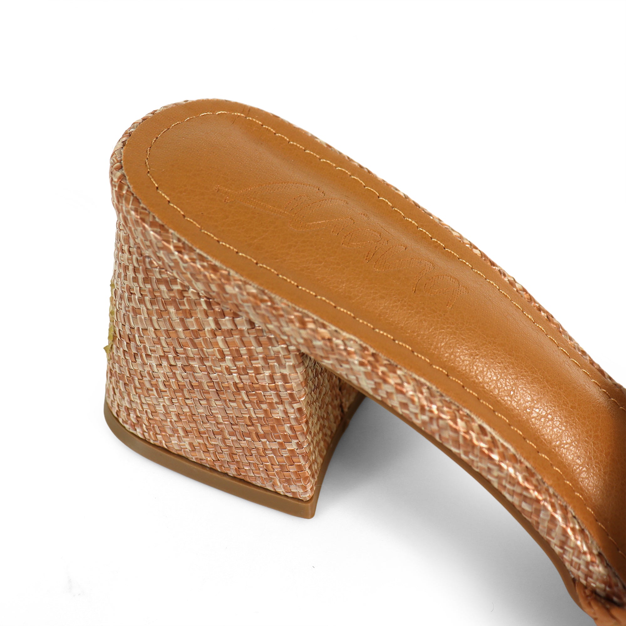 IRENE-3 ALMOND OPEN TOE WOVEN RAFFIA MULE W/CHUNKY HEEL BROWN
