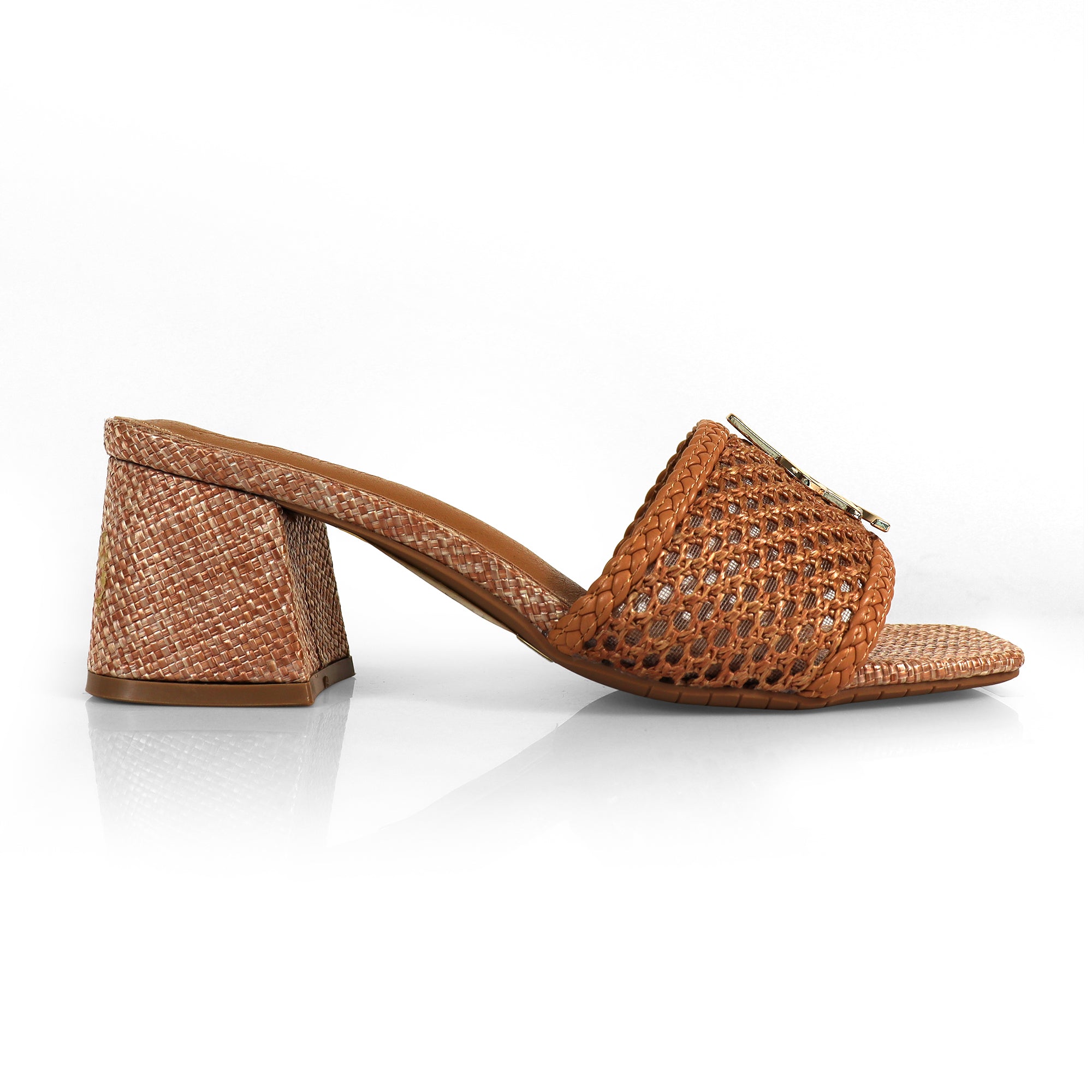 IRENE-3 ALMOND OPEN TOE WOVEN RAFFIA MULE W/CHUNKY HEEL BROWN