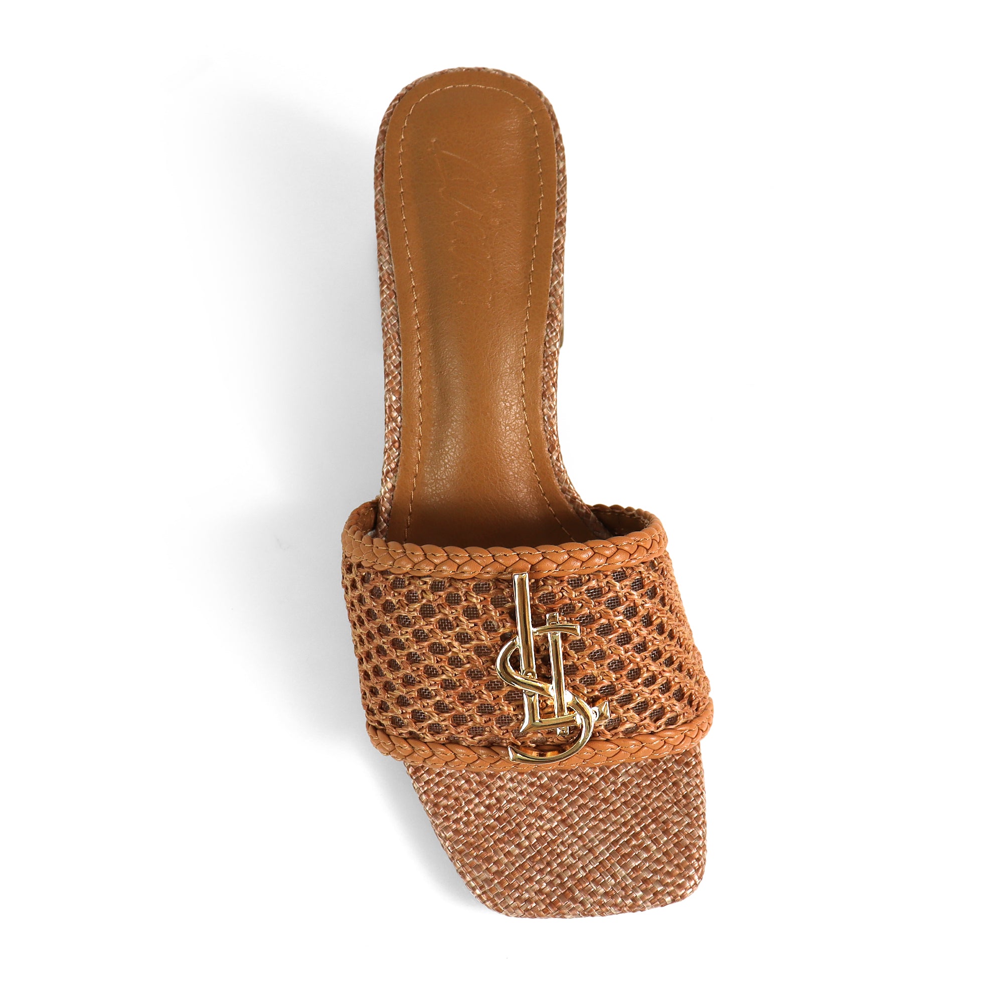 IRENE-3 ALMOND OPEN TOE WOVEN RAFFIA MULE W/CHUNKY HEEL BROWN
