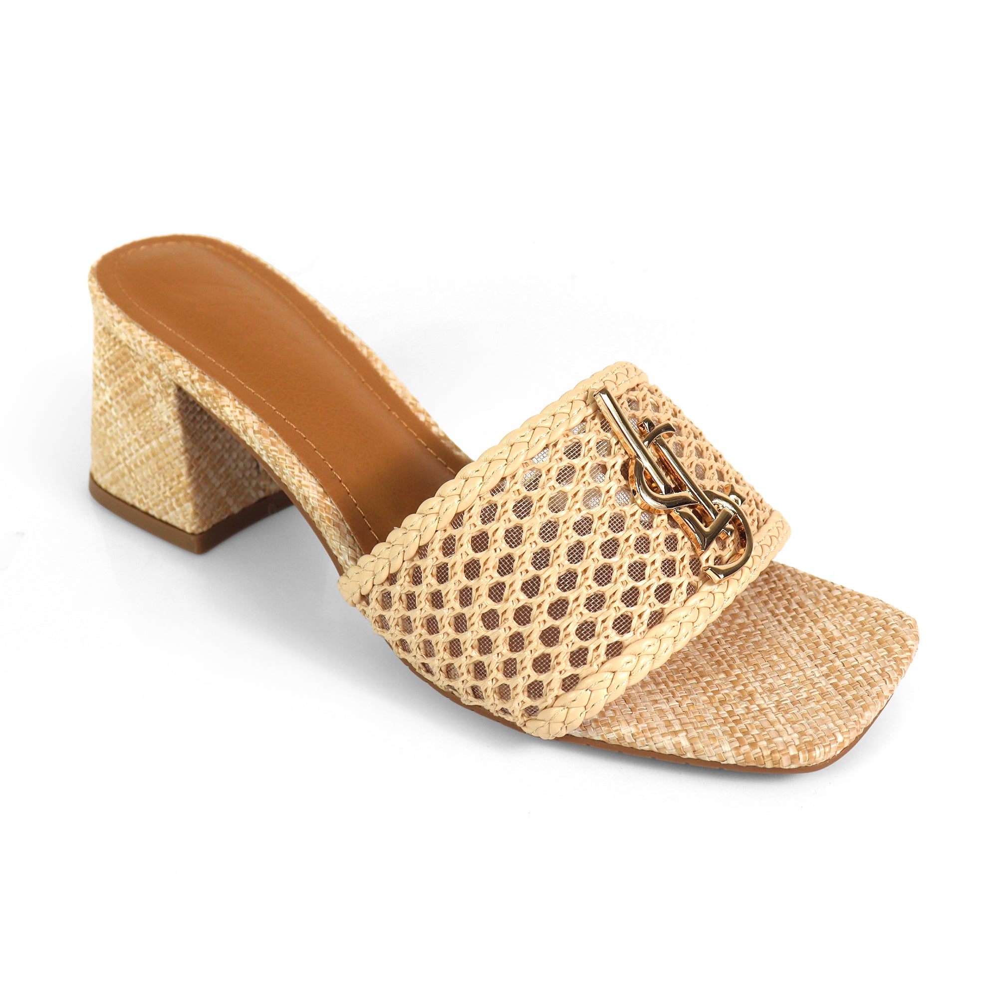 IRENE-3 ALMOND OPEN TOE WOVEN RAFFIA MULE W/CHUNKY HEEL NATURAL